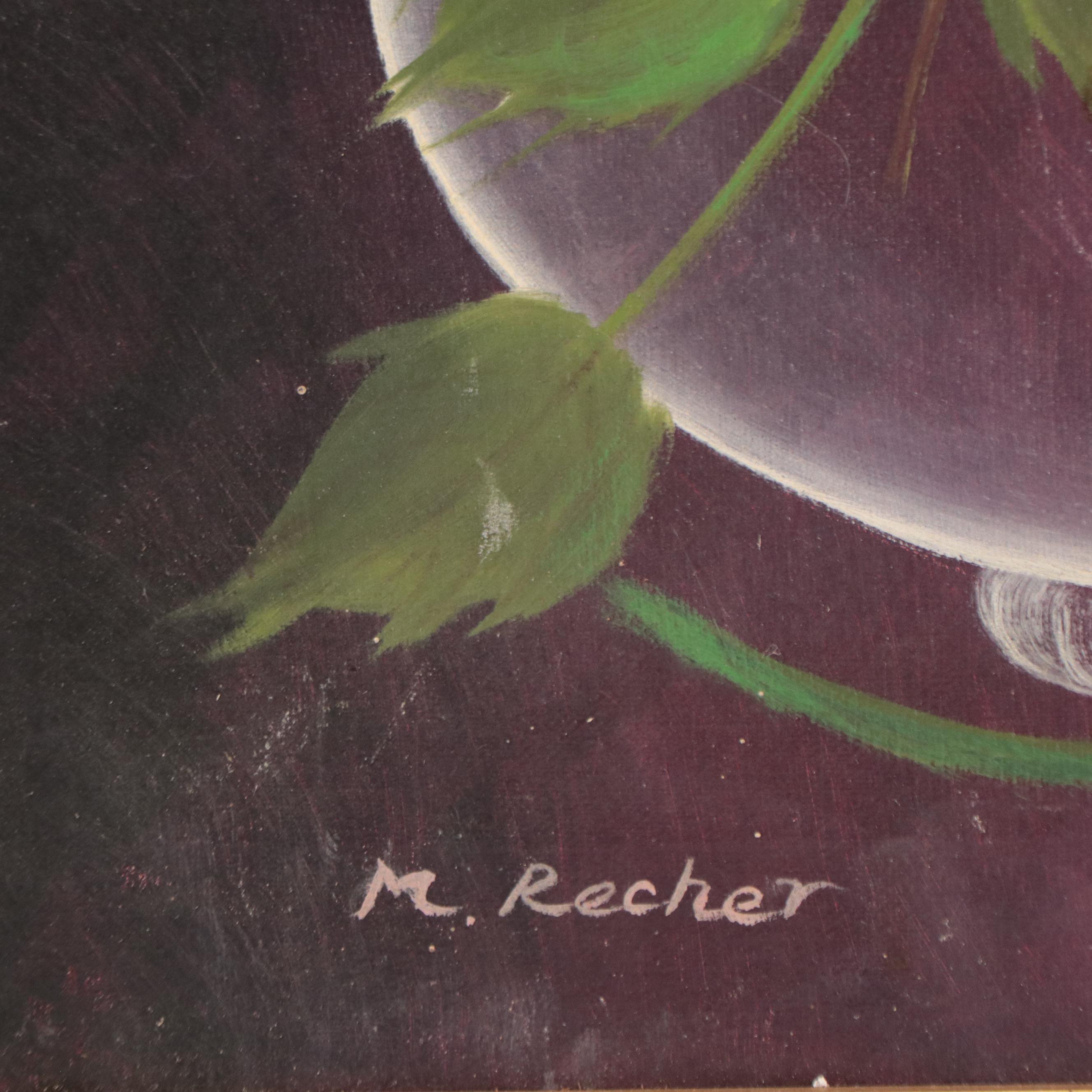 M. Recher Still Life Oil Painting of Chrysanthemums in Clear Vase, Circa 1968