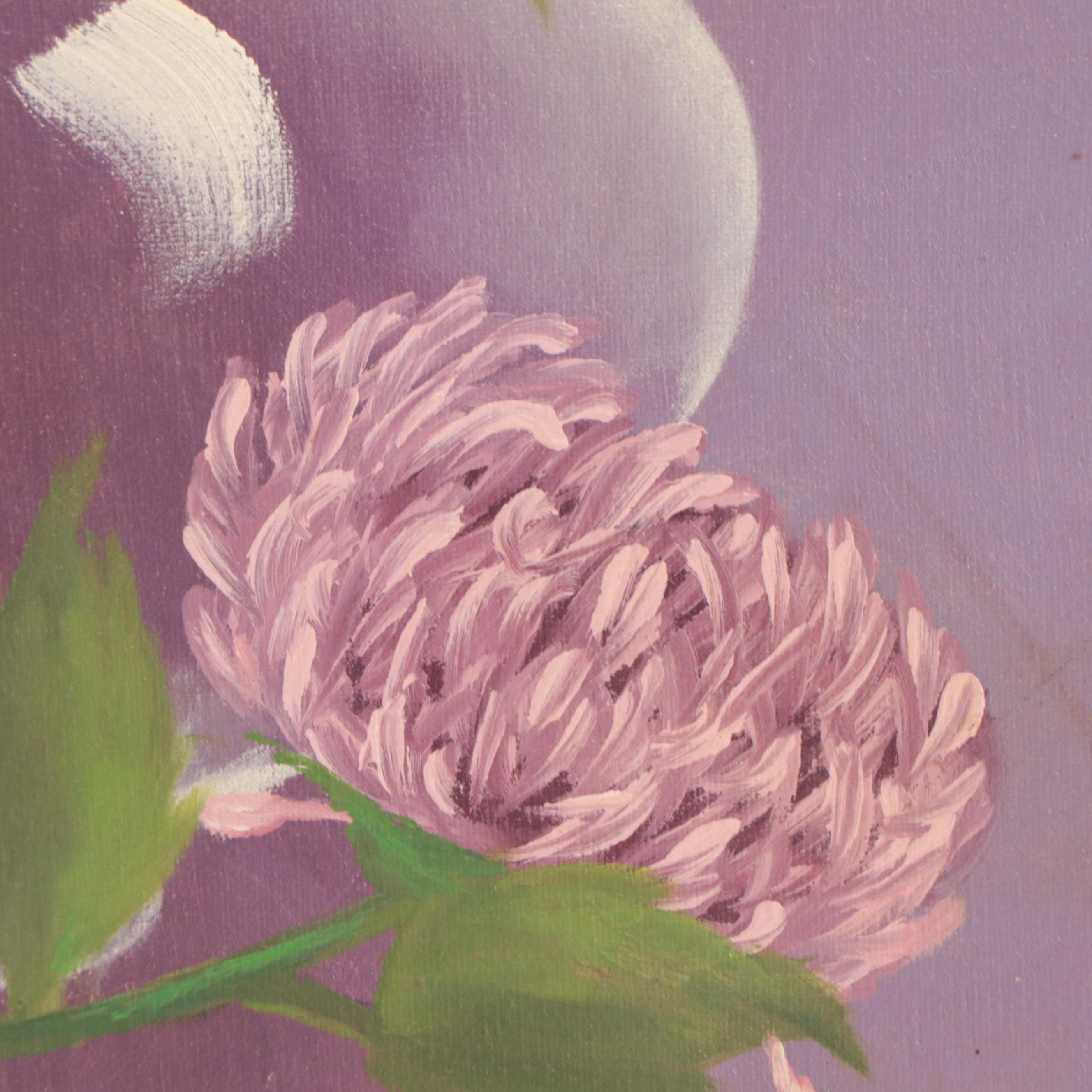 M. Recher Still Life Oil Painting of Chrysanthemums in Clear Vase, Circa 1968