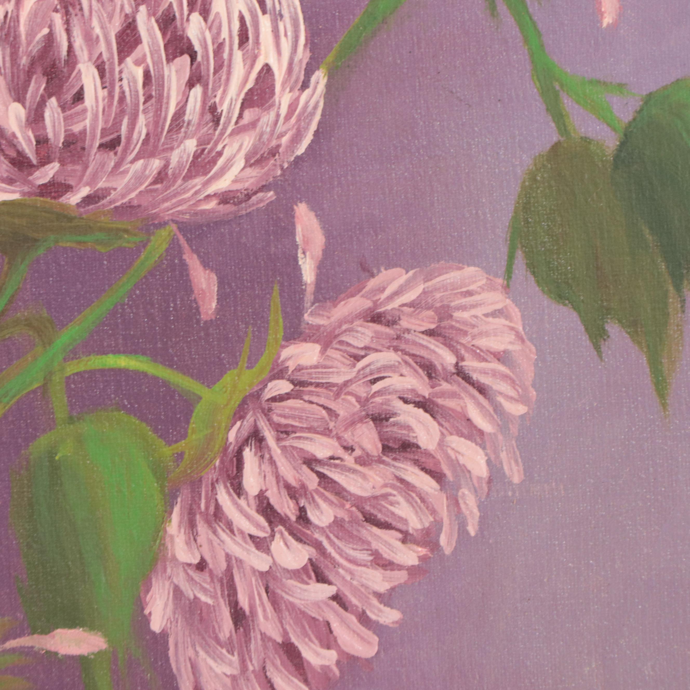 M. Recher Still Life Oil Painting of Chrysanthemums in Clear Vase, Circa 1968