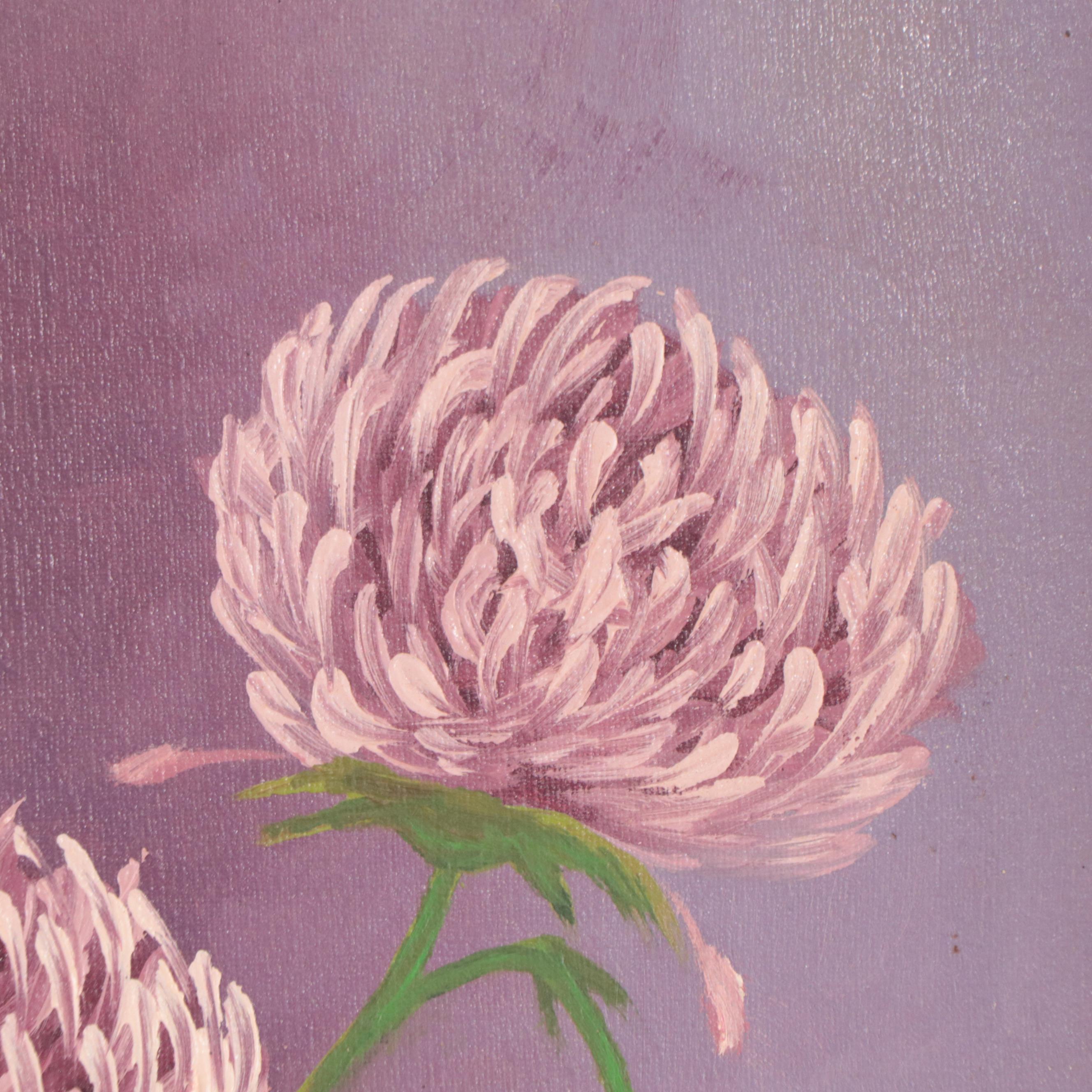 M. Recher Still Life Oil Painting of Chrysanthemums in Clear Vase, Circa 1968