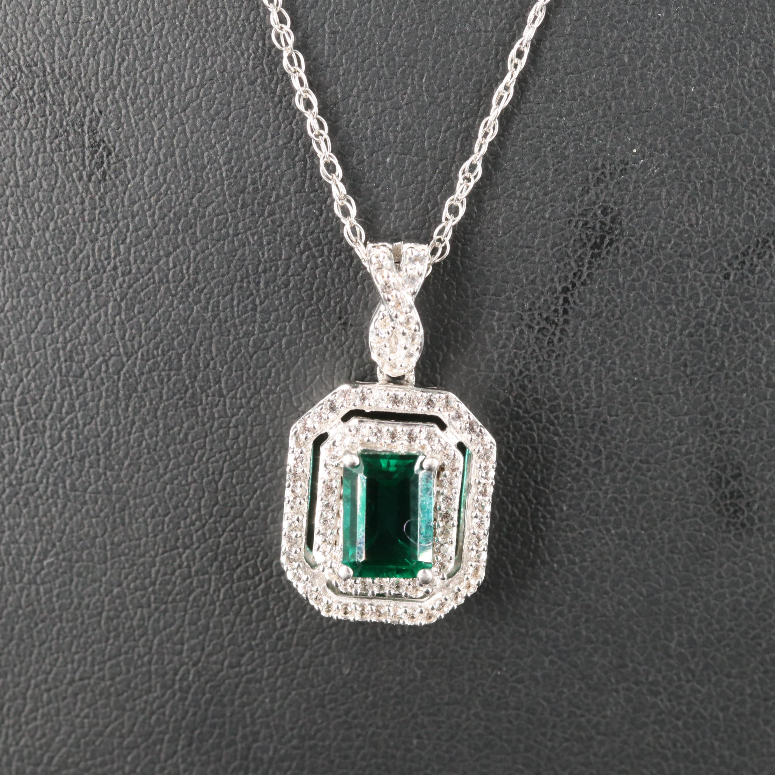 Emerald Pendant Necklace with Double White Sapphire Halo in Sterling