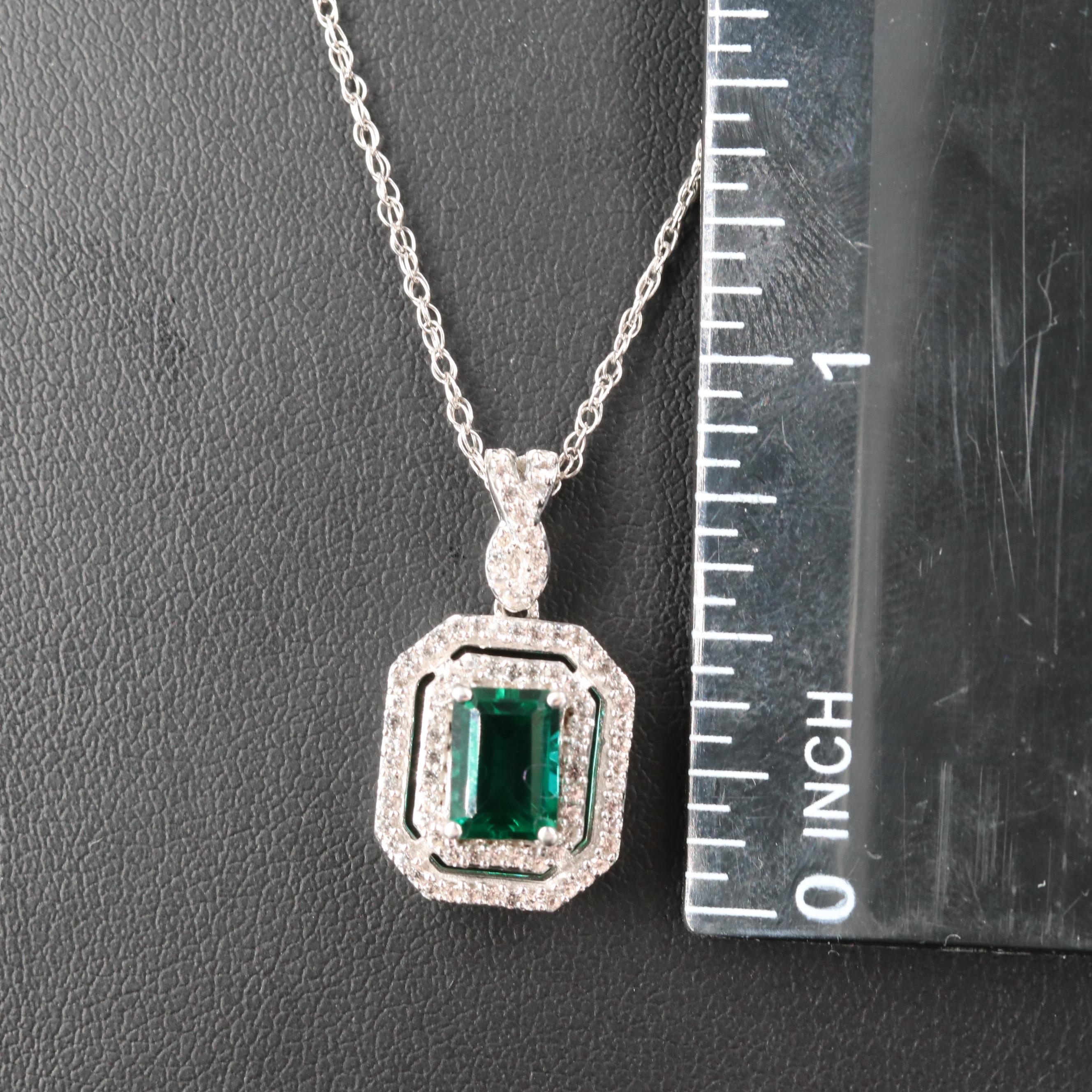 Emerald Pendant Necklace with Double White Sapphire Halo in Sterling