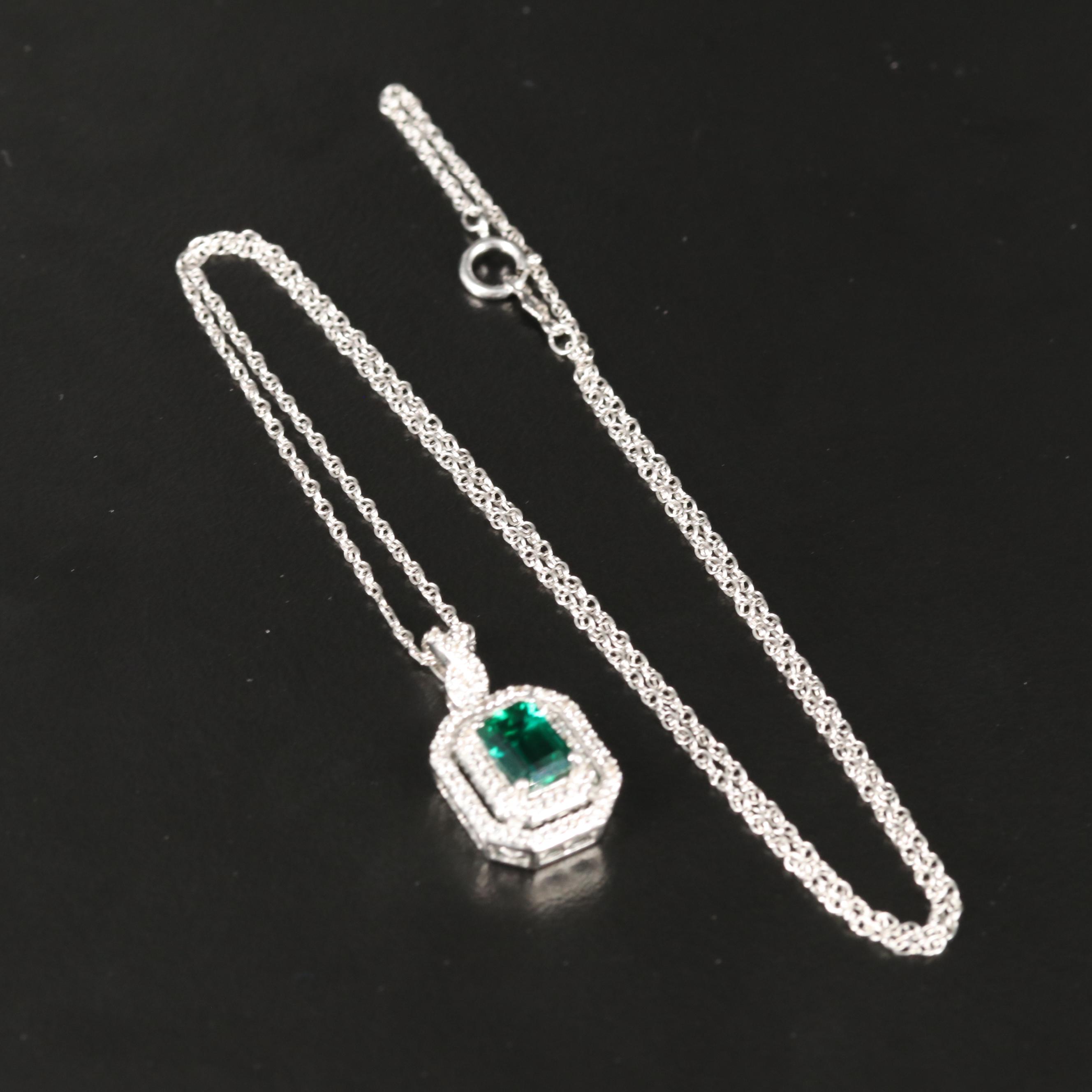 Emerald Pendant Necklace with Double White Sapphire Halo in Sterling