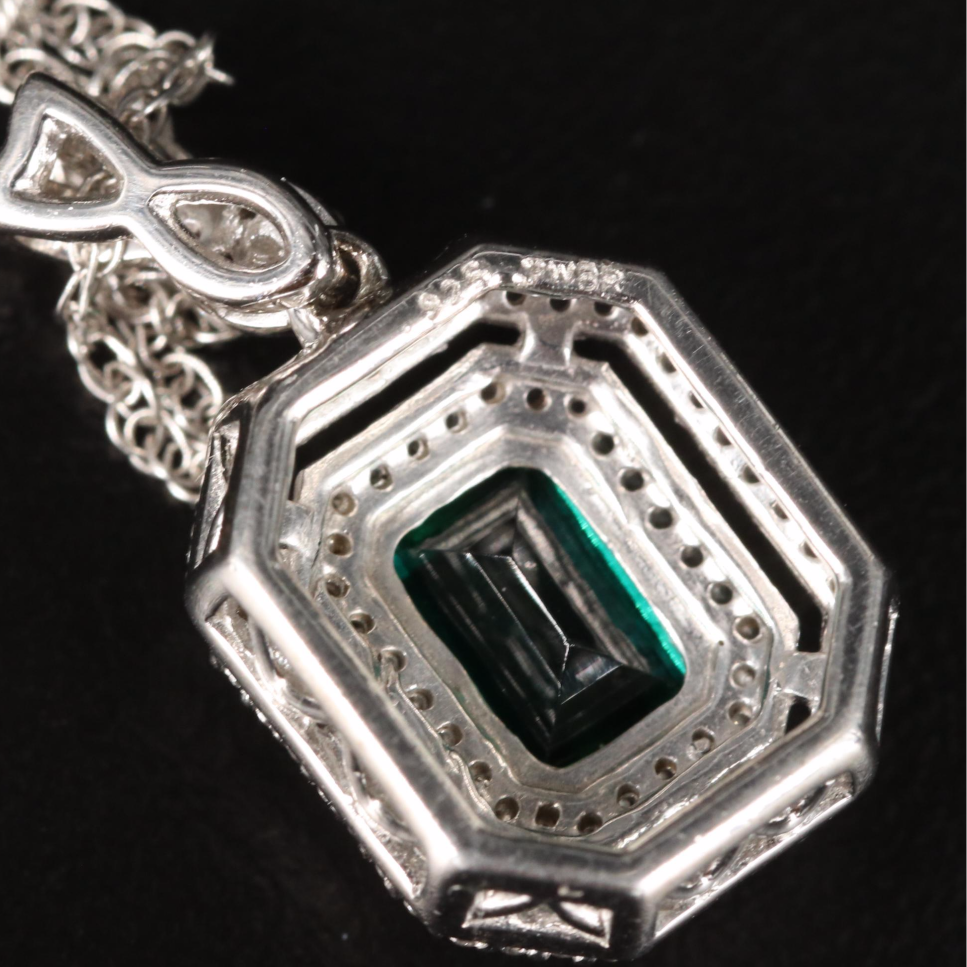 Emerald Pendant Necklace with Double White Sapphire Halo in Sterling