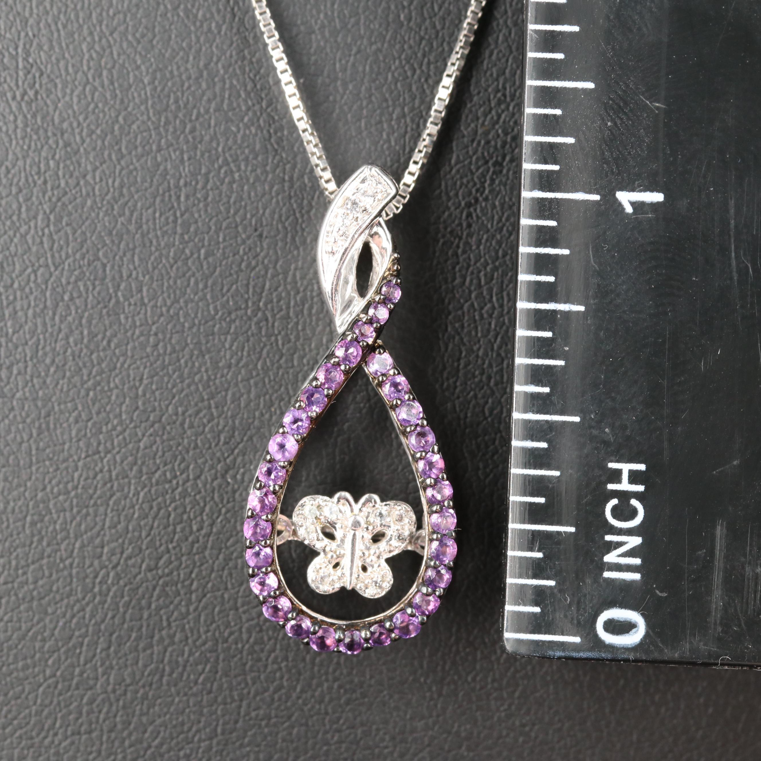 Amethyst Sapphire Articulated Butterfly Pendant Necklace in Sterling