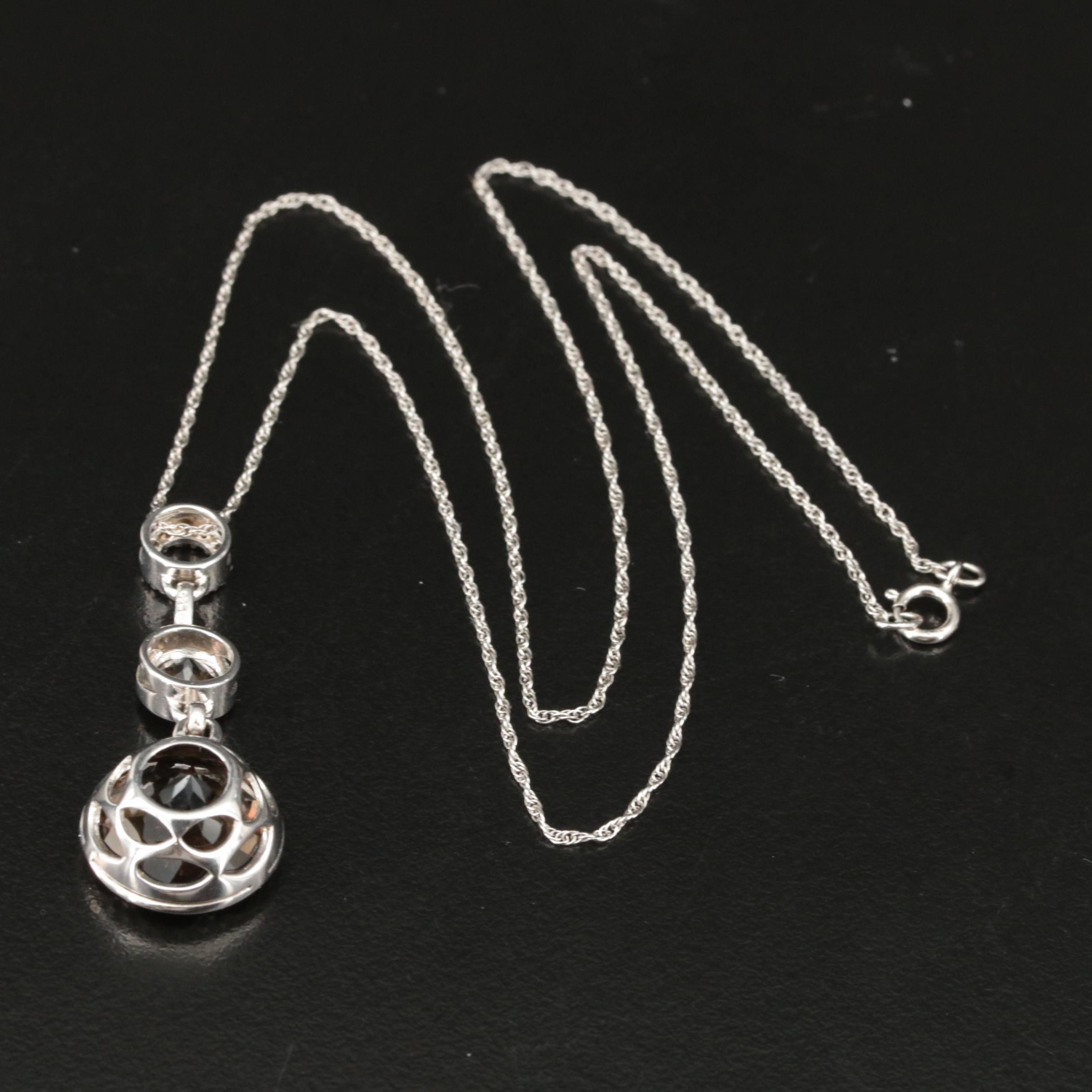 Sterling Smoky Quartz and Diamond Pendant Necklace
