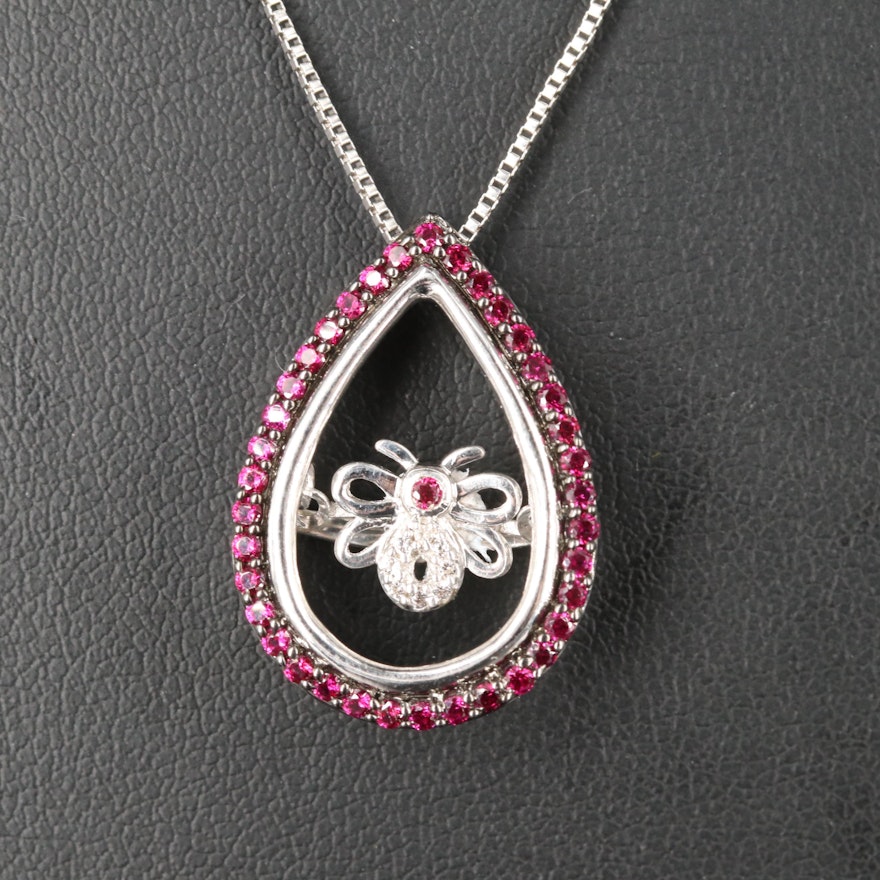 Sterling Ruby and White Sapphire Bee Pendant Necklace