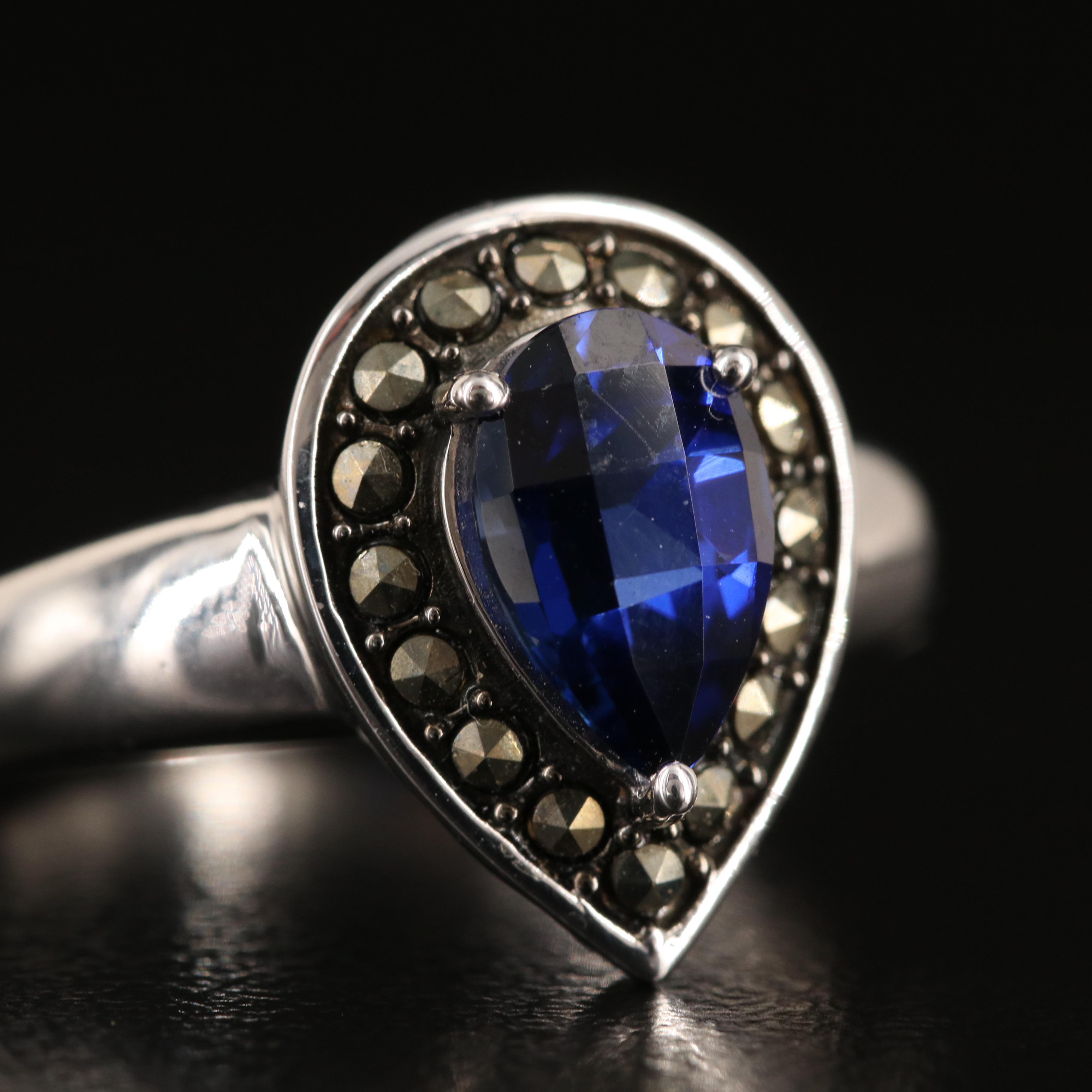 Sterling Sapphire and Marcasite Ring