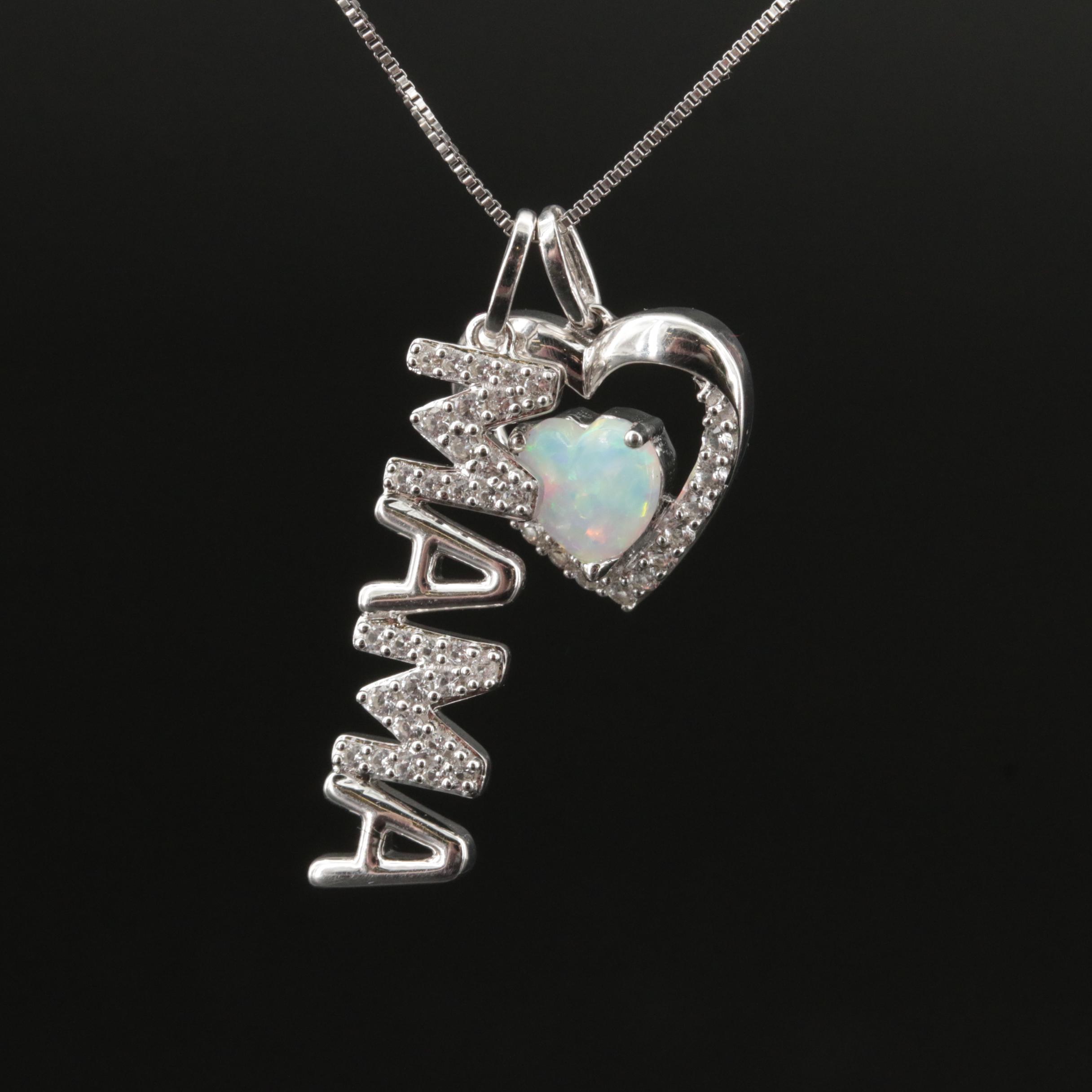 Sterling Opal and Topaz Heart and "Mama" Pendant Necklace