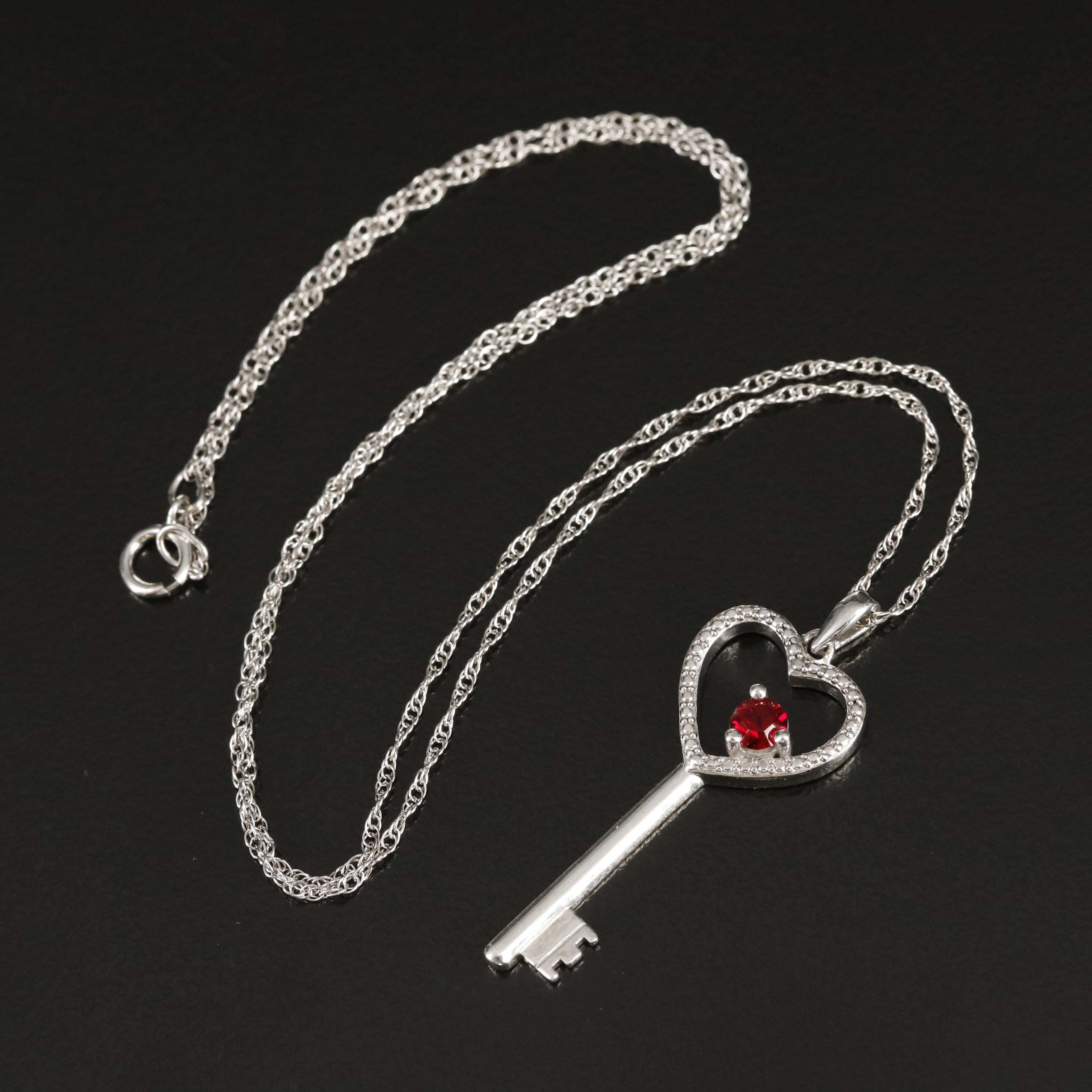 Sterling Rhinestone Heart Key Pendant Necklace