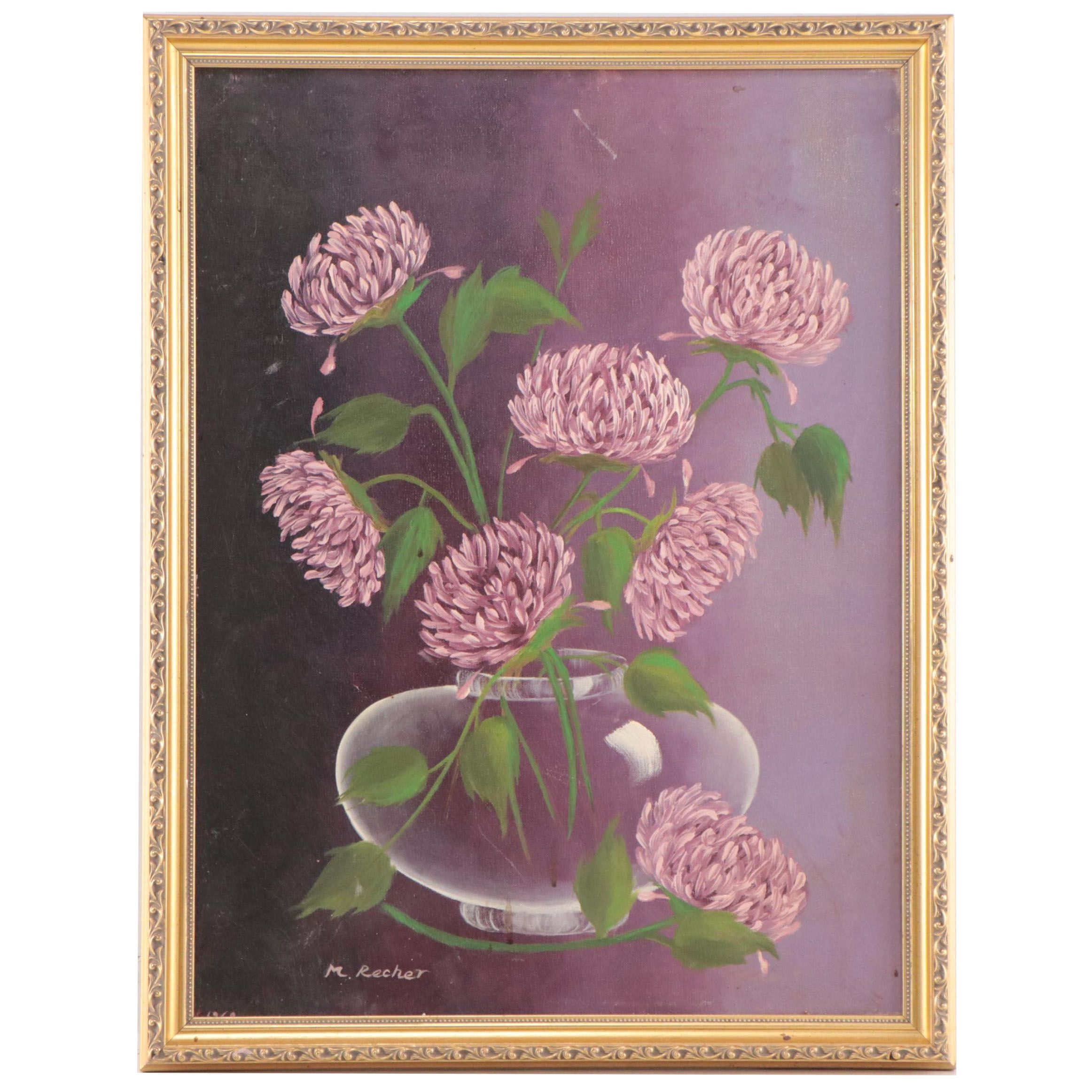 M. Recher Still Life Oil Painting of Chrysanthemums in Clear Vase, Circa 1968