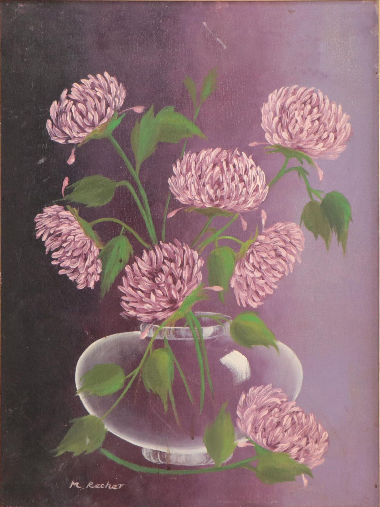 M. Recher Still Life Oil Painting of Chrysanthemums in Clear Vase, Circa 1968