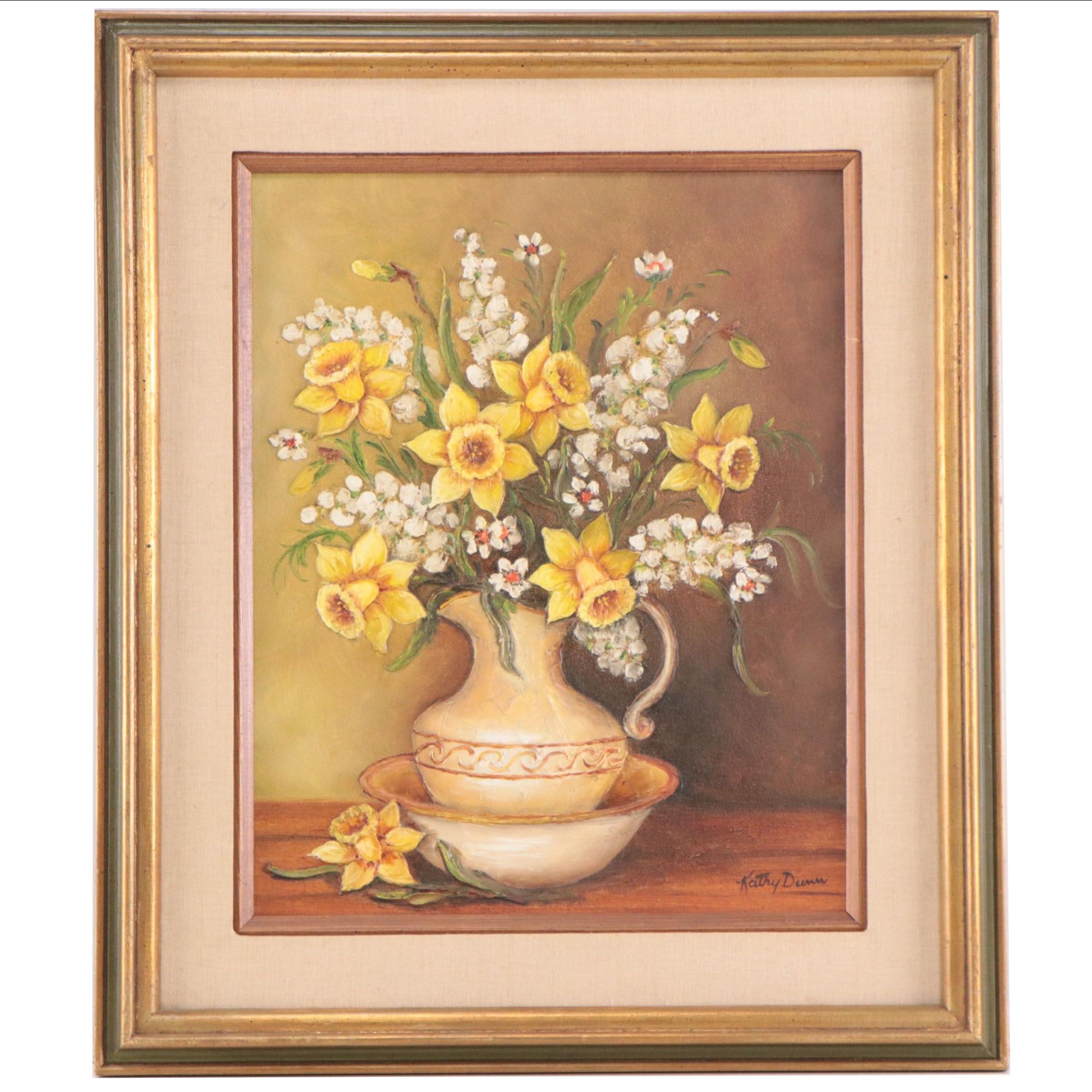 Kathy Dunn Mixed Media Painting of Still Life With Daffodils, Circa 1960