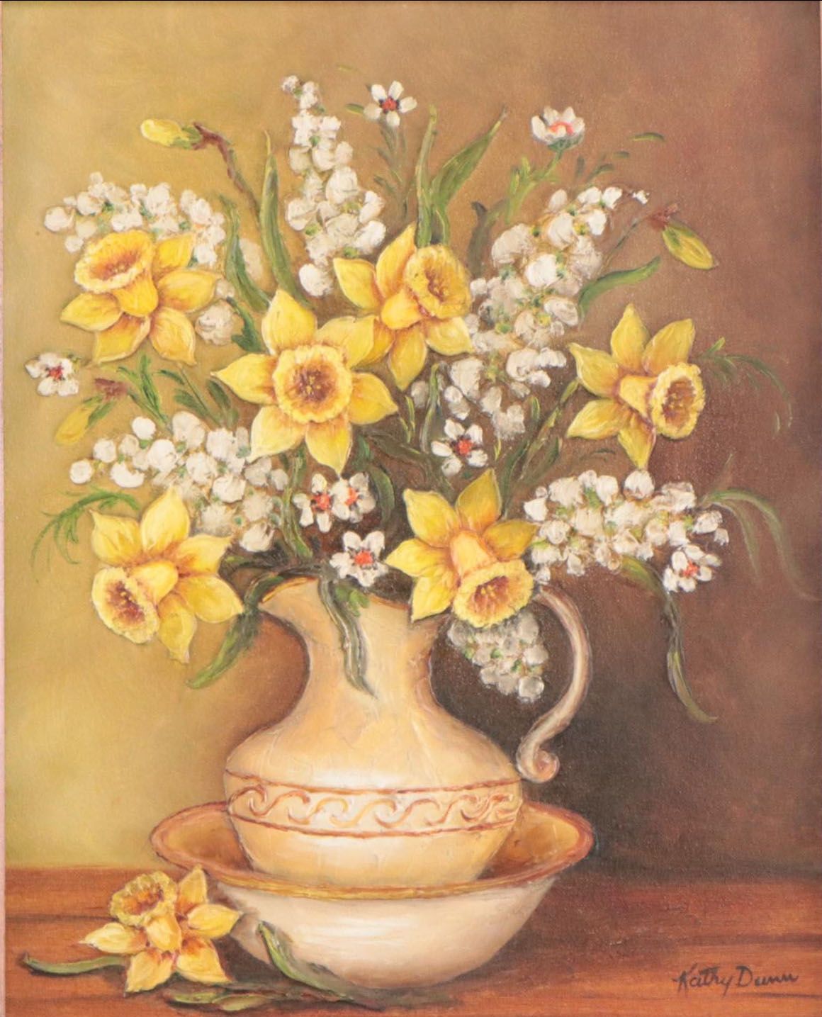 Kathy Dunn Mixed Media Painting of Still Life With Daffodils, Circa 1960