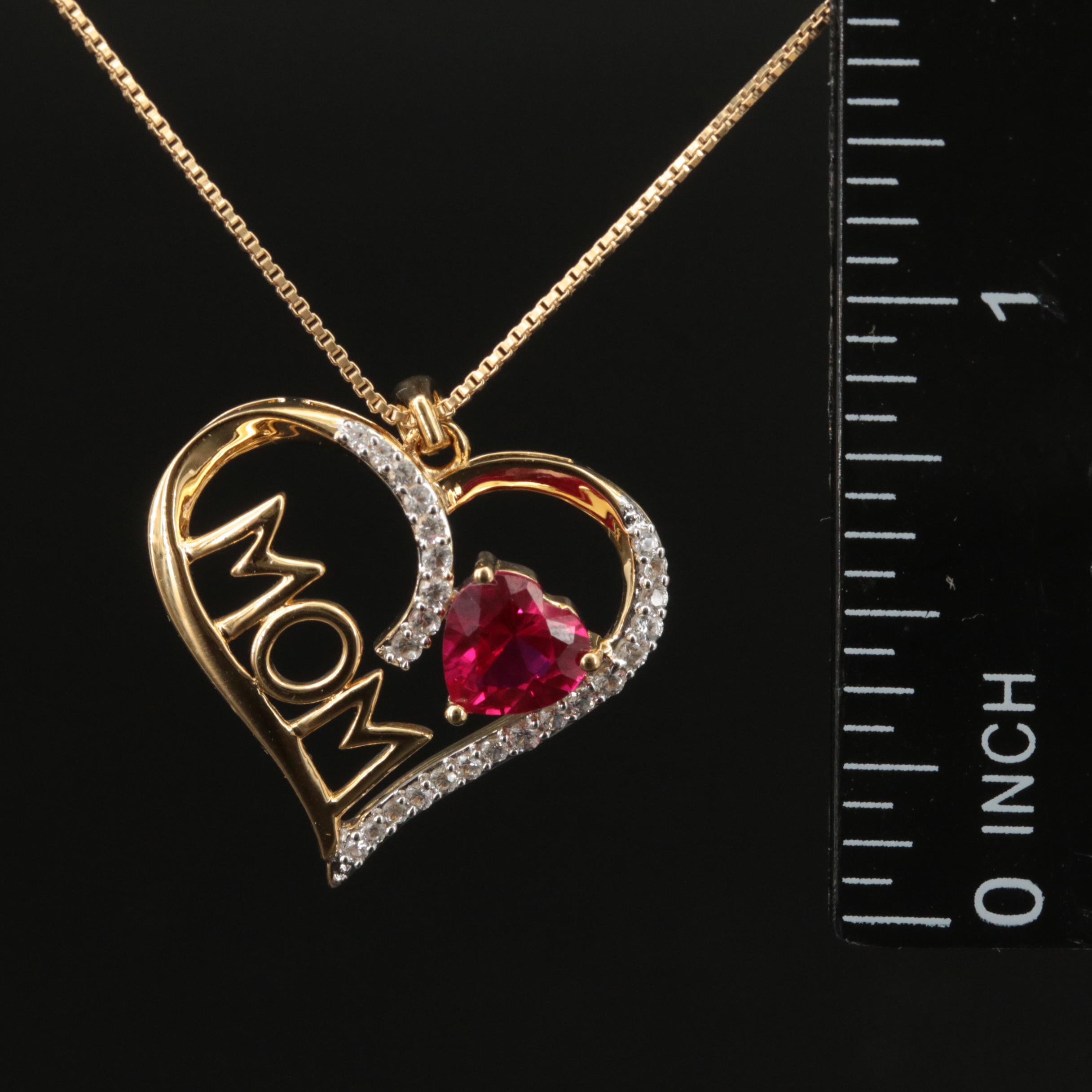 Sterling Ruby and Sapphire "Mom" Heart Pendant Necklace