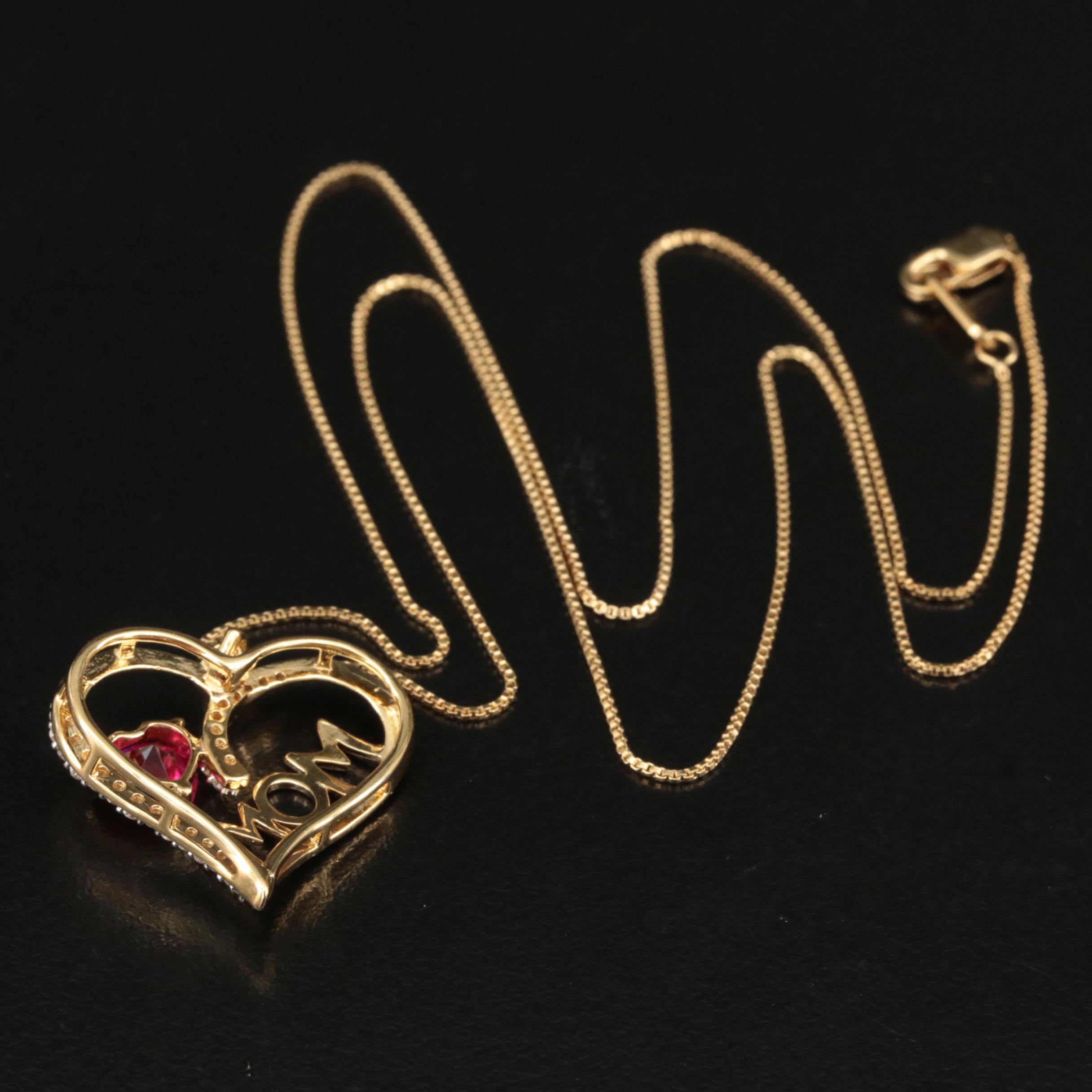 Sterling Ruby and Sapphire "Mom" Heart Pendant Necklace