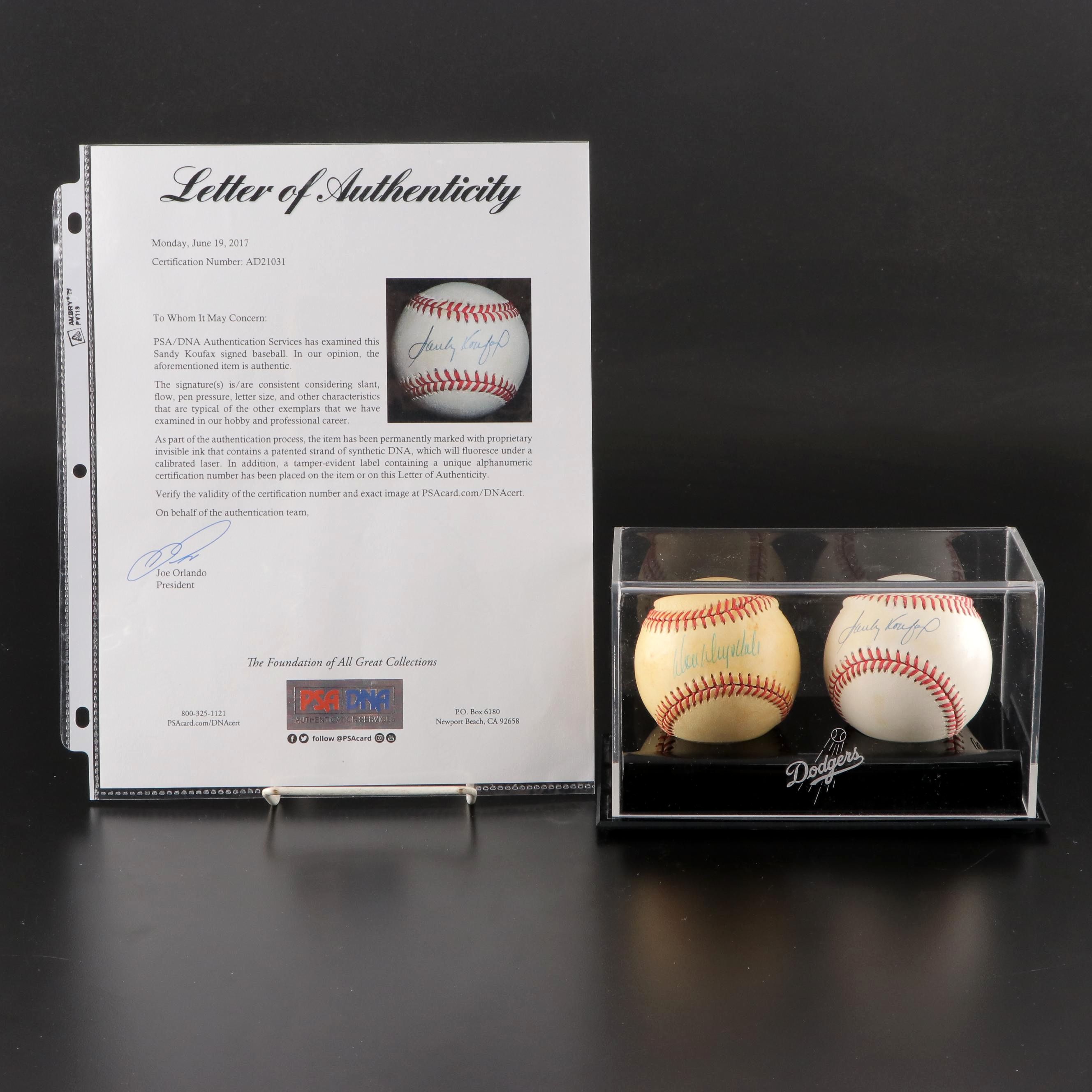 Sandy Koufax and Don Drysdale Signed Baseballs in Dodgers Display Case