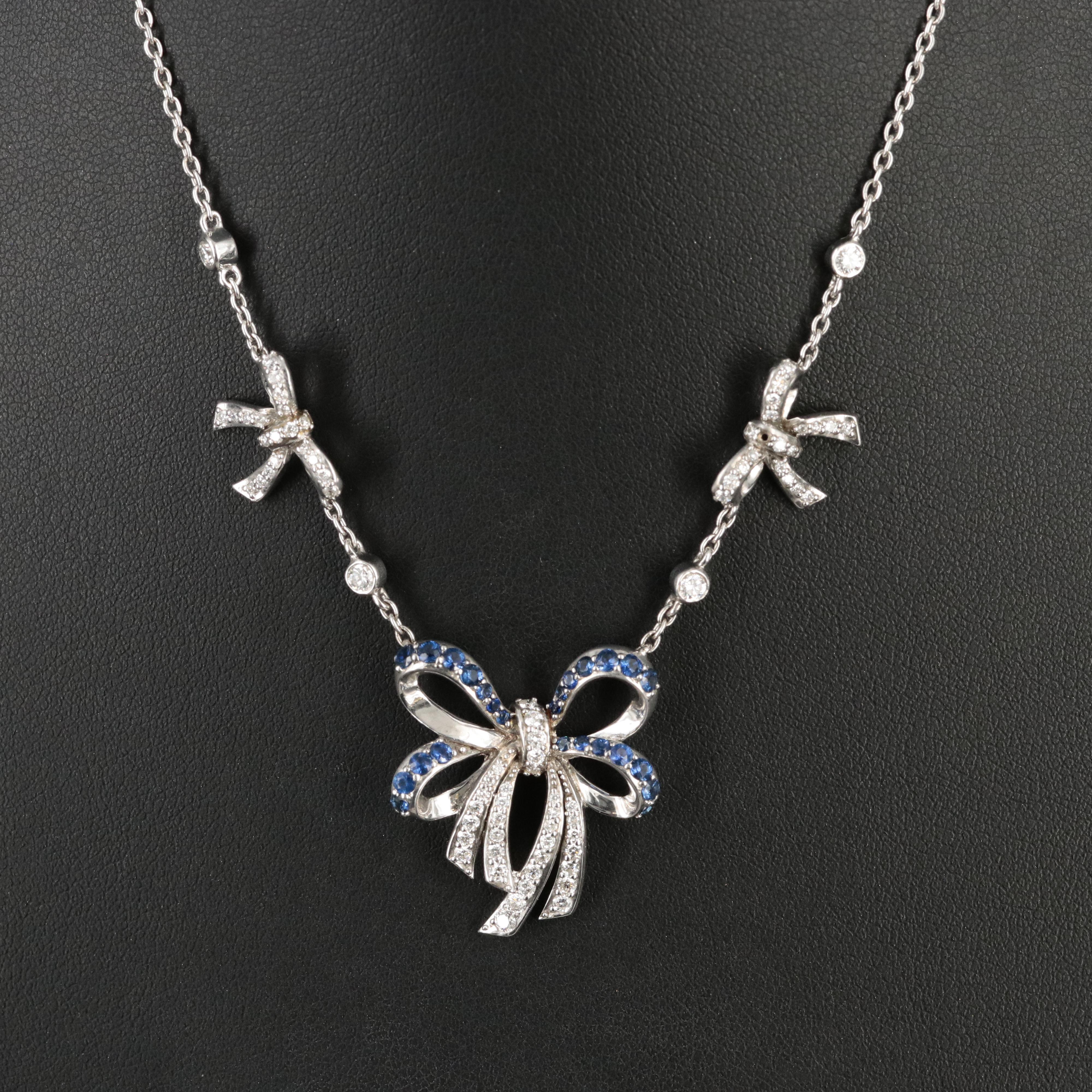 Sterling 1.00 CTW Diamond and Sapphire Bow Necklace
