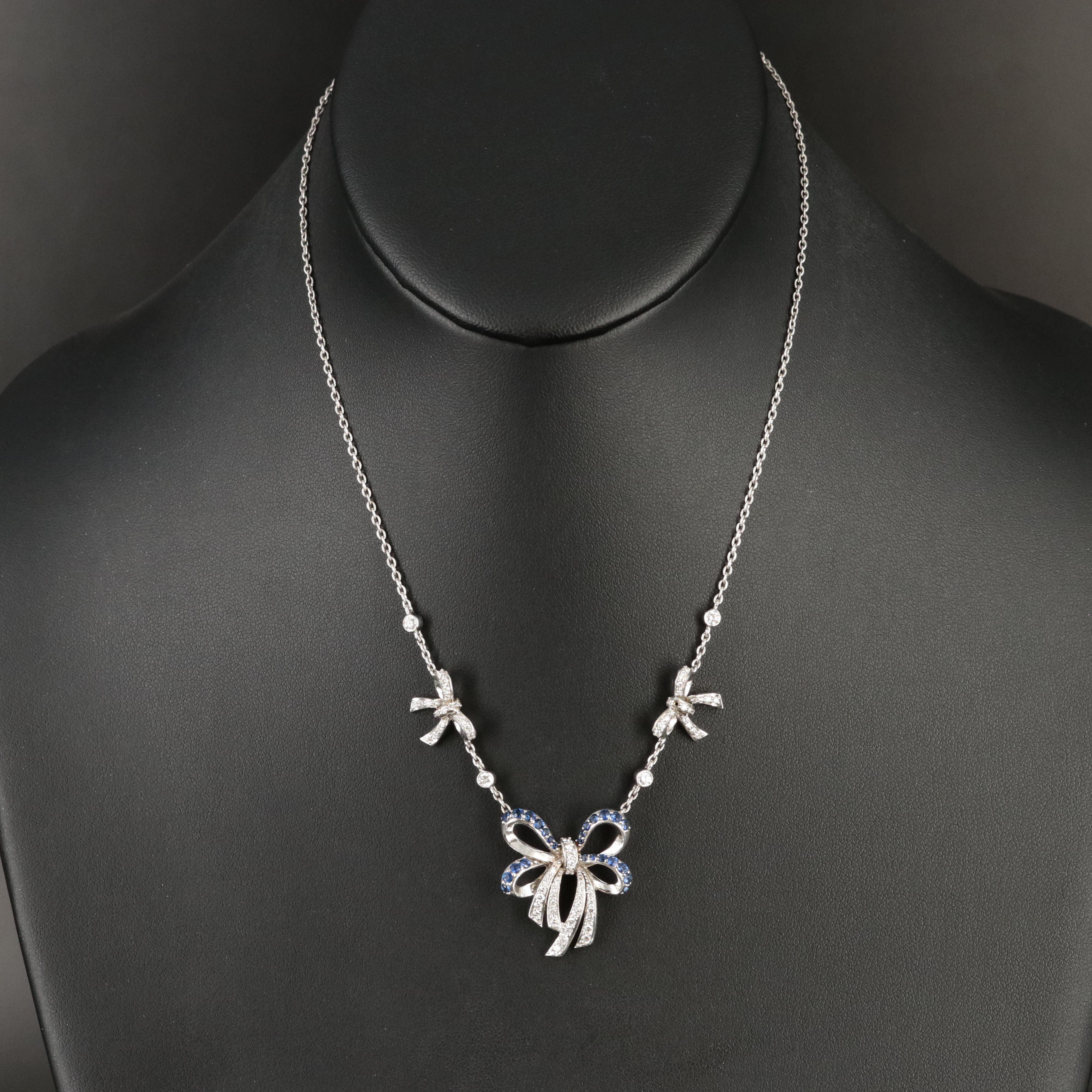 Sterling 1.00 CTW Diamond and Sapphire Bow Necklace