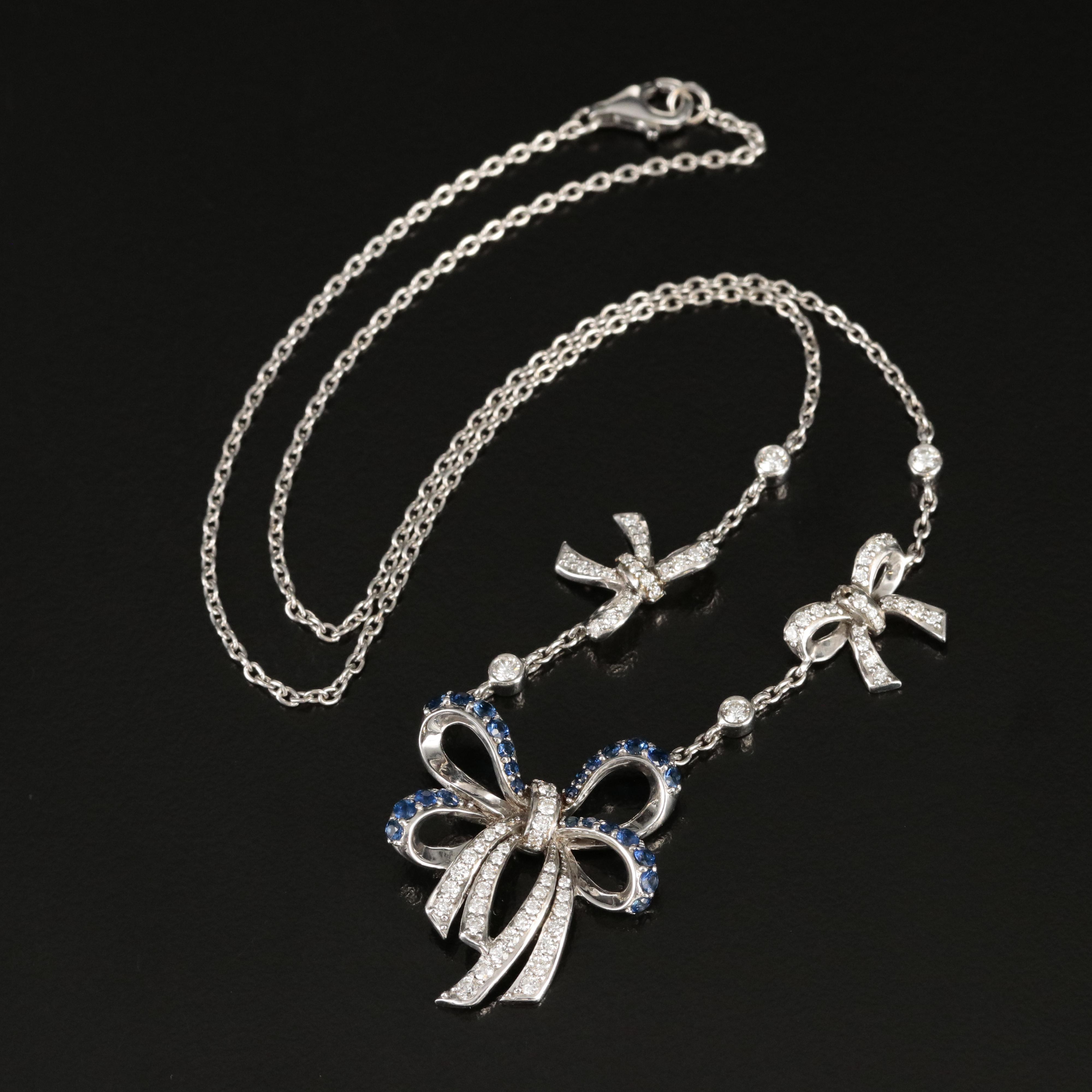 Sterling 1.00 CTW Diamond and Sapphire Bow Necklace