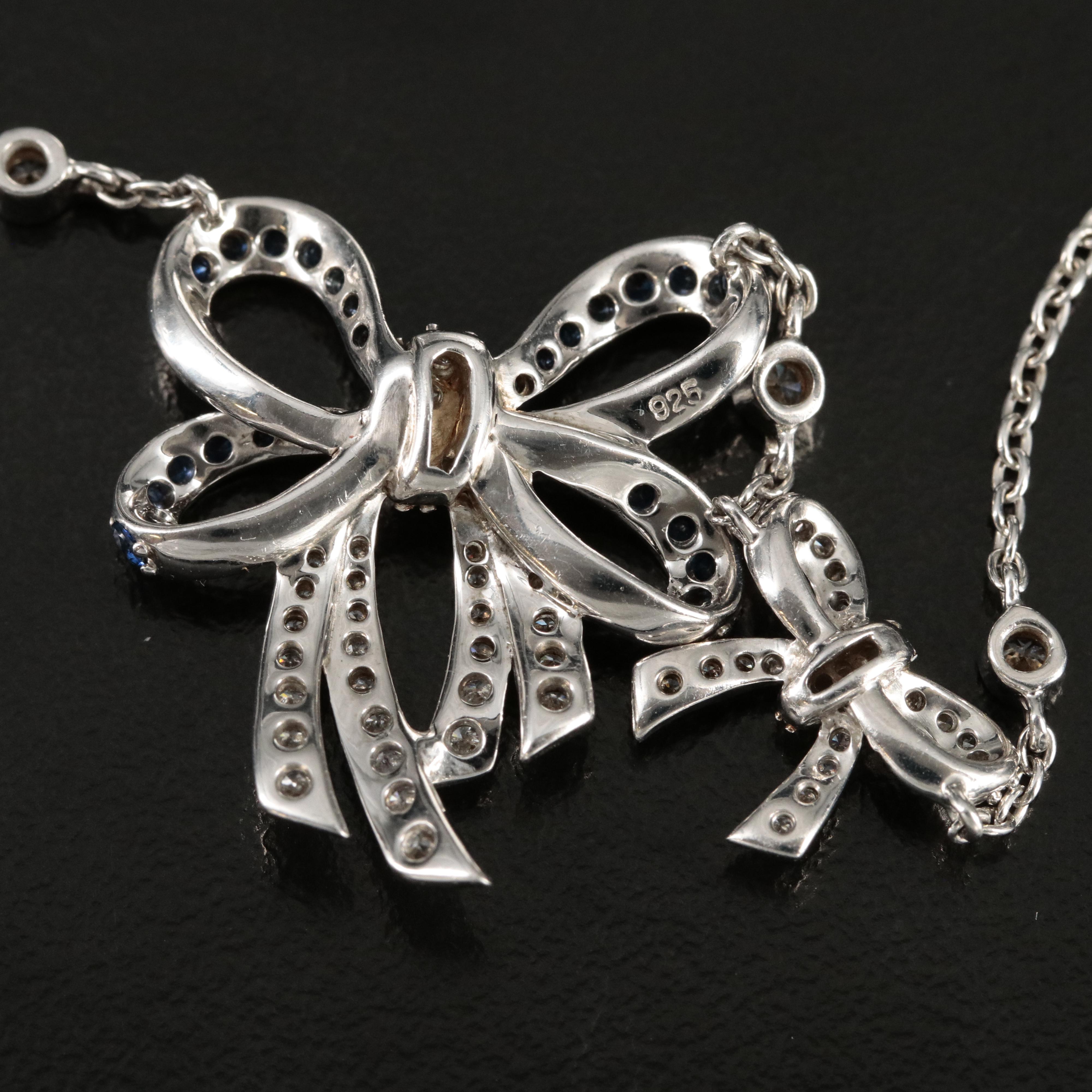 Sterling 1.00 CTW Diamond and Sapphire Bow Necklace