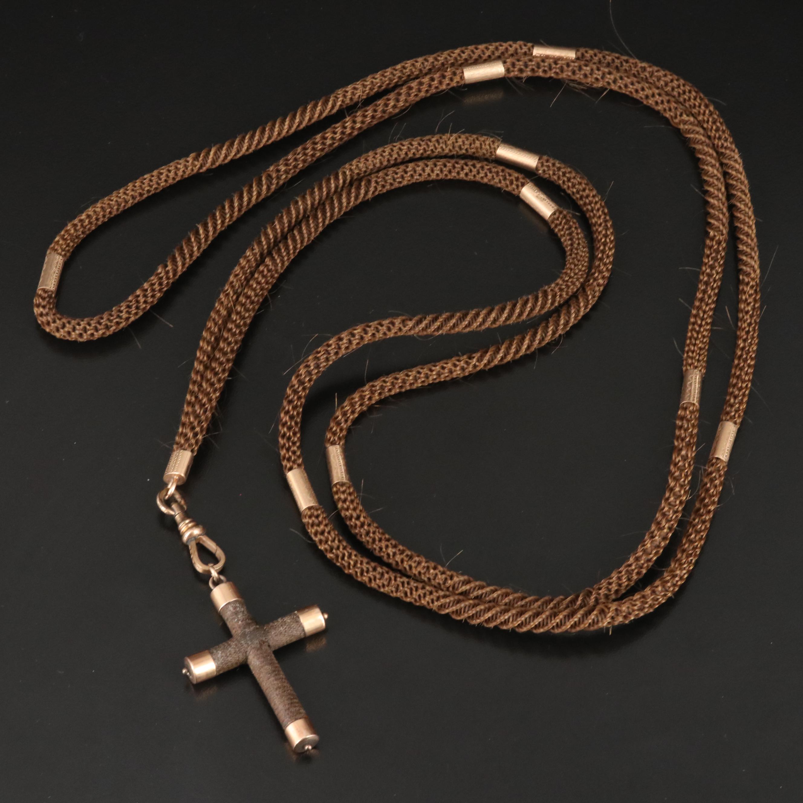 Victorian Woven Hair Mourning Watch Chain Necklace with 10K Accents and Cross