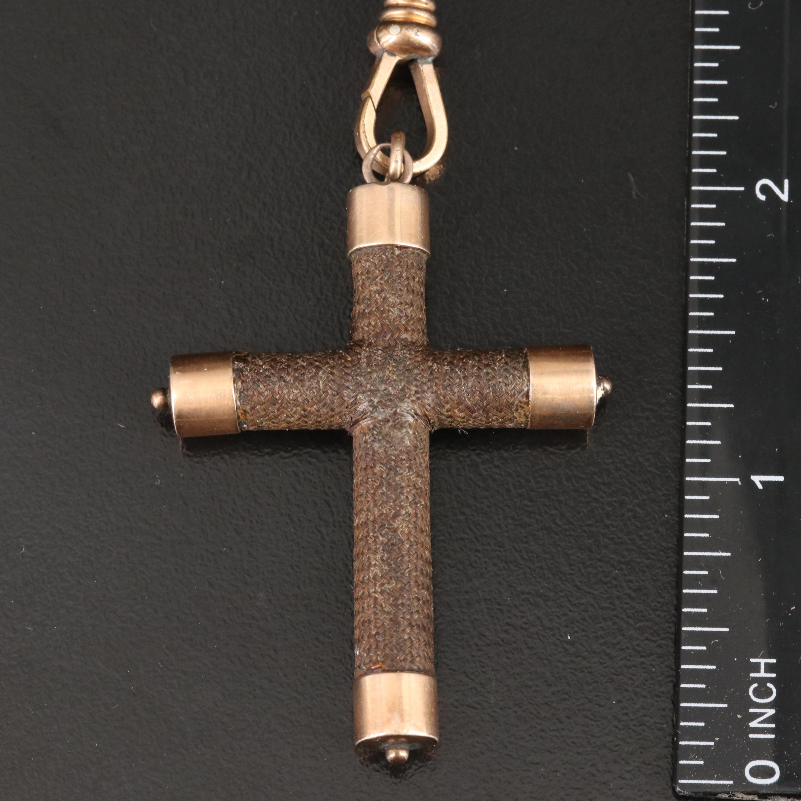Victorian Woven Hair Mourning Watch Chain Necklace with 10K Accents and Cross