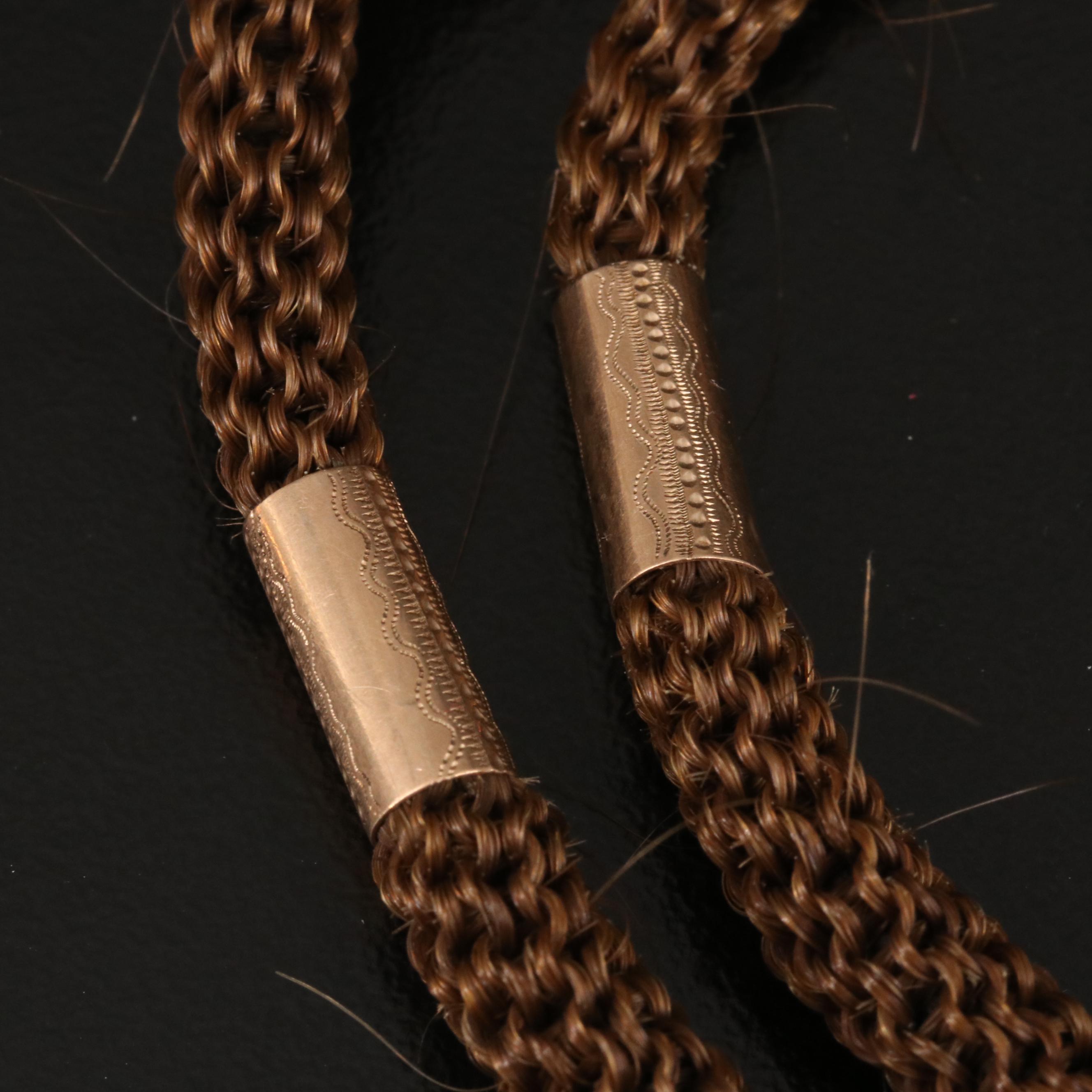 Victorian Woven Hair Mourning Watch Chain Necklace with 10K Accents and Cross