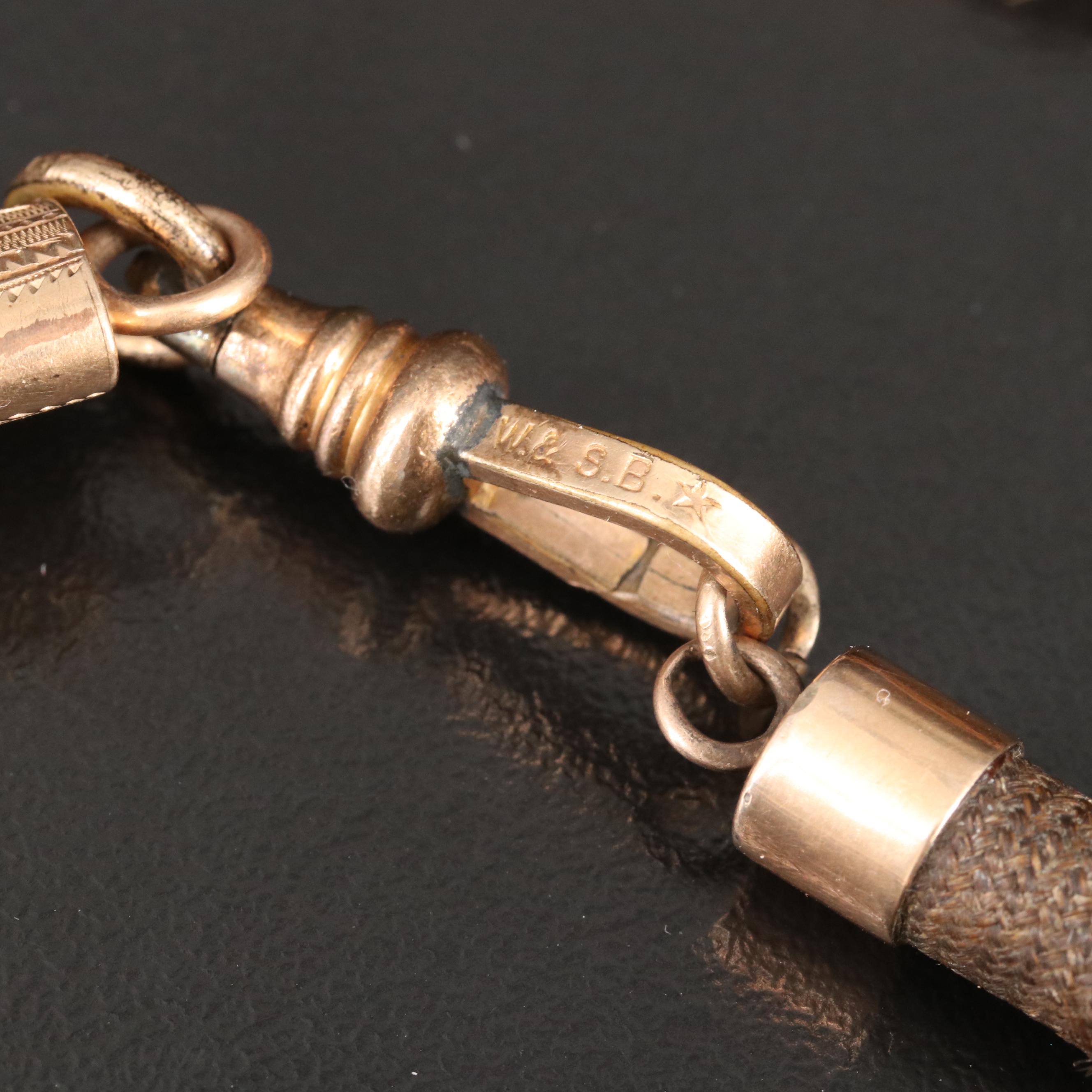 Victorian Woven Hair Mourning Watch Chain Necklace with 10K Accents and Cross