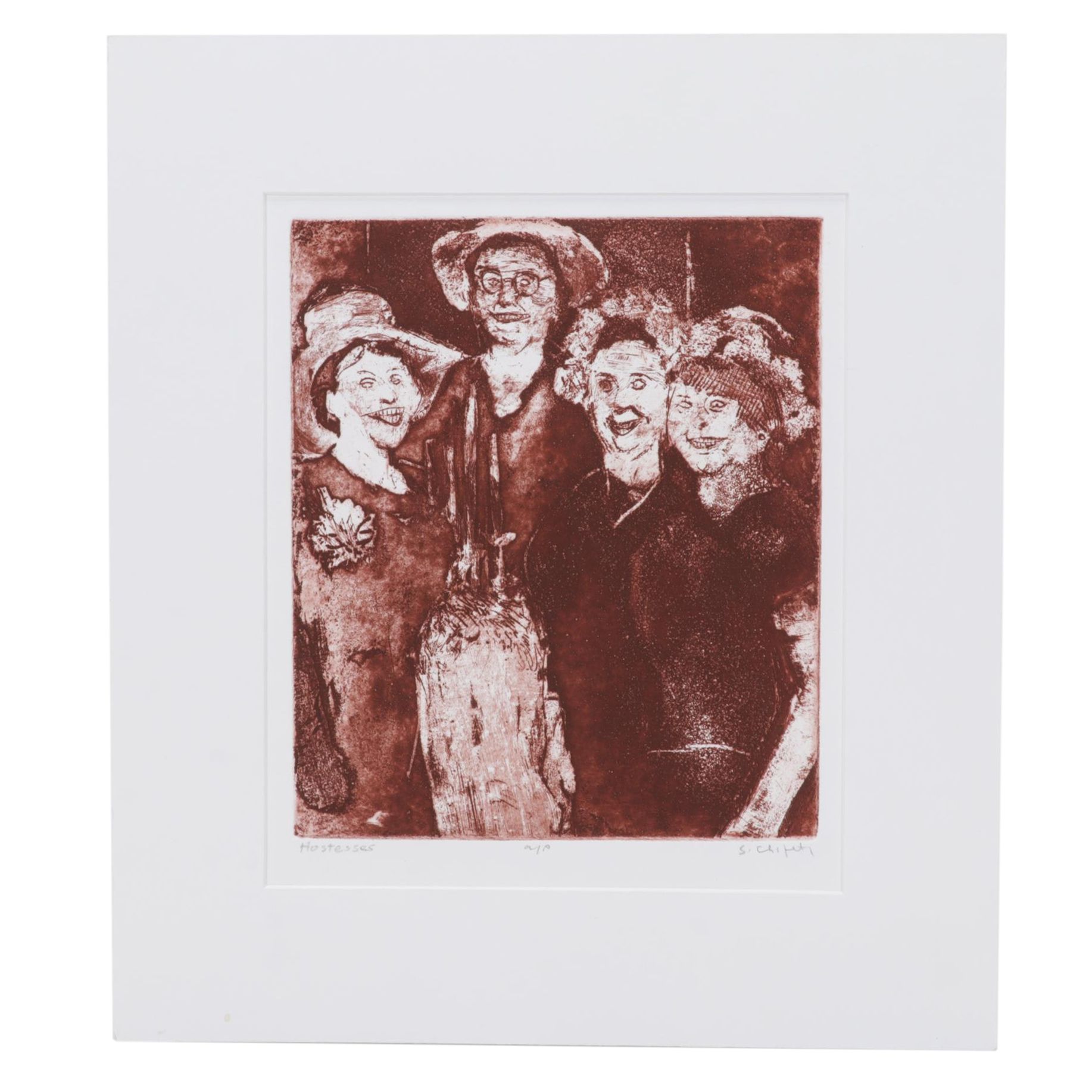 Sidney Chafetz Satirical Etching and Aquatint "Hostesses," Circa 1970