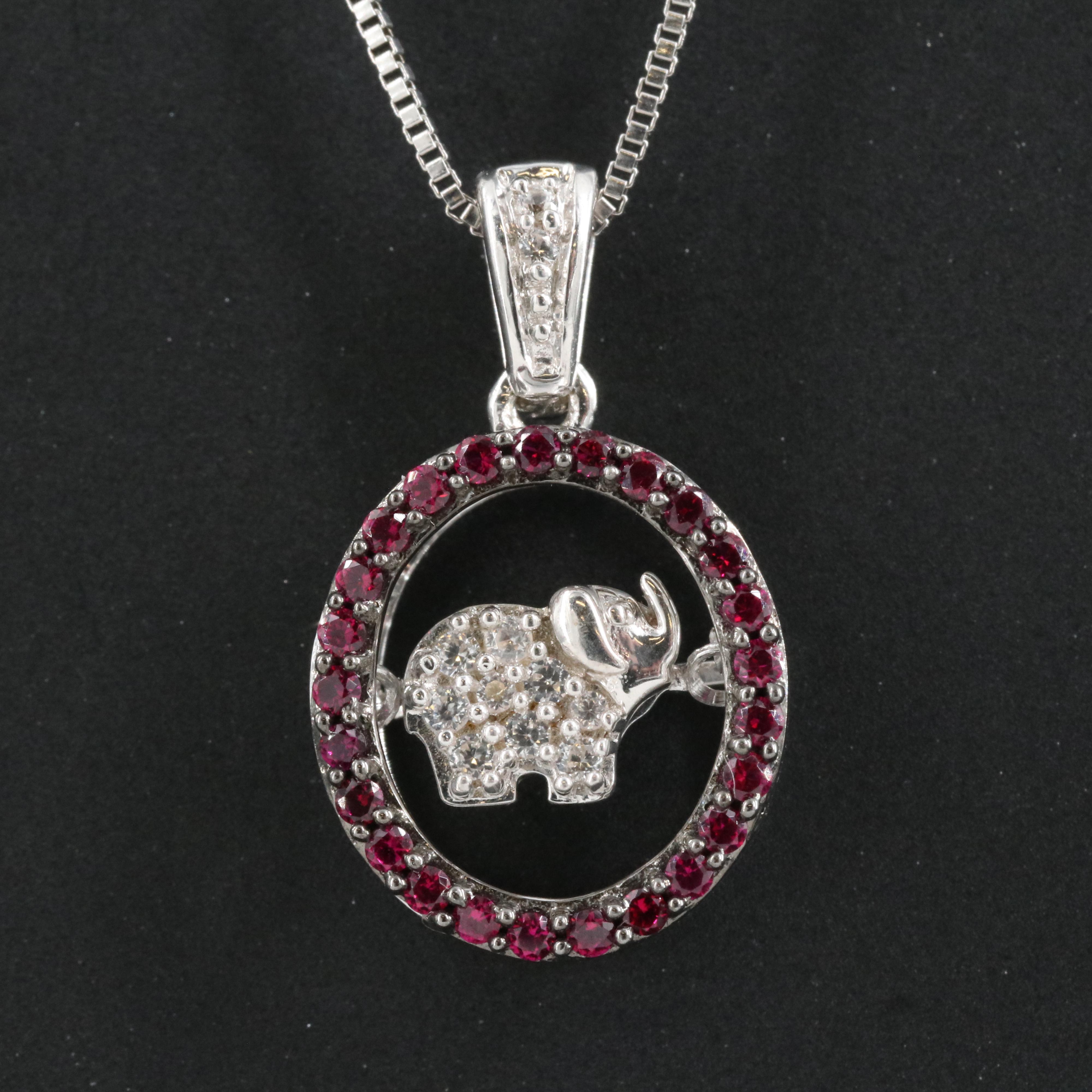 Sterling Ruby and Cubic Zirconia Elephant Tremble Pendant Necklace