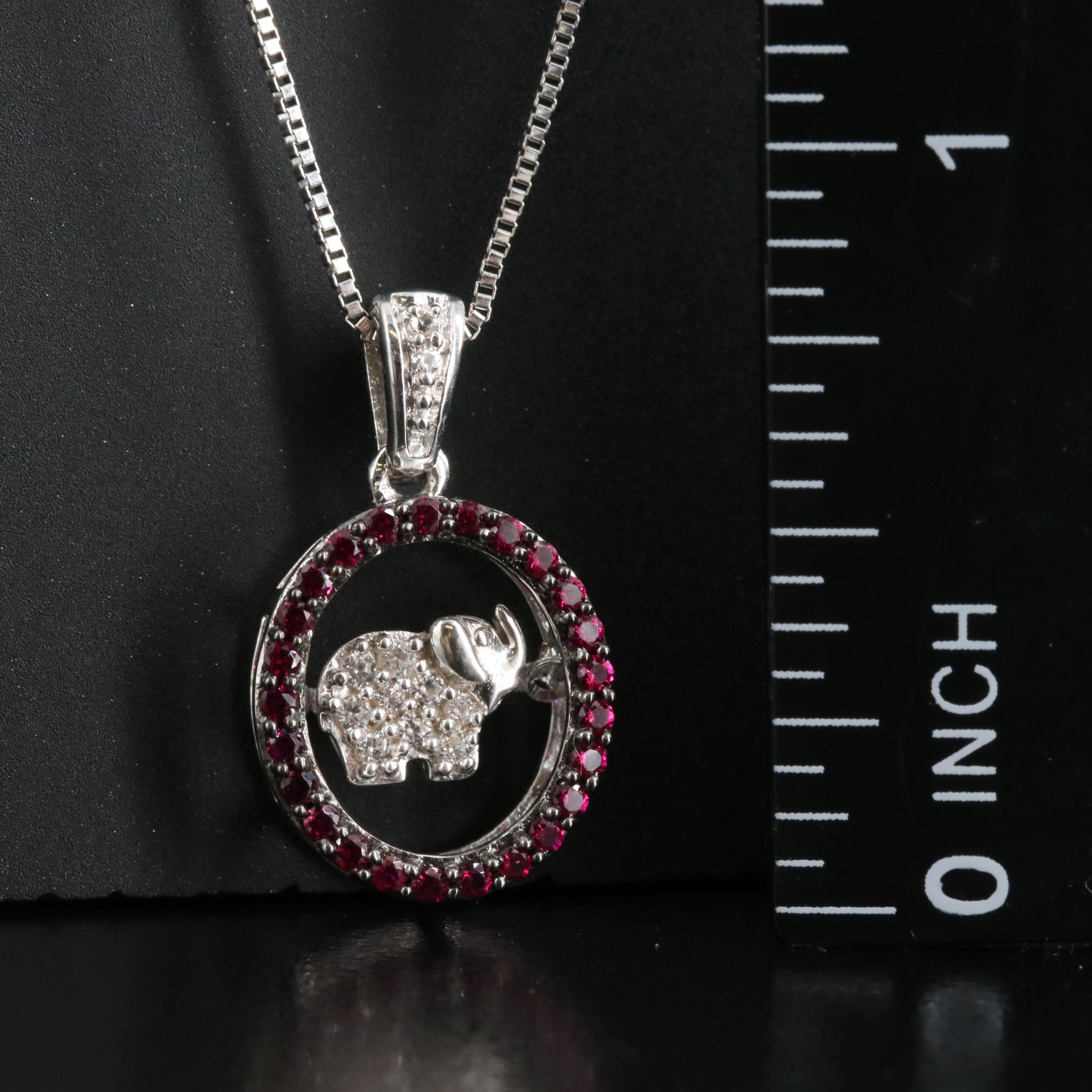Sterling Ruby and Cubic Zirconia Elephant Tremble Pendant Necklace