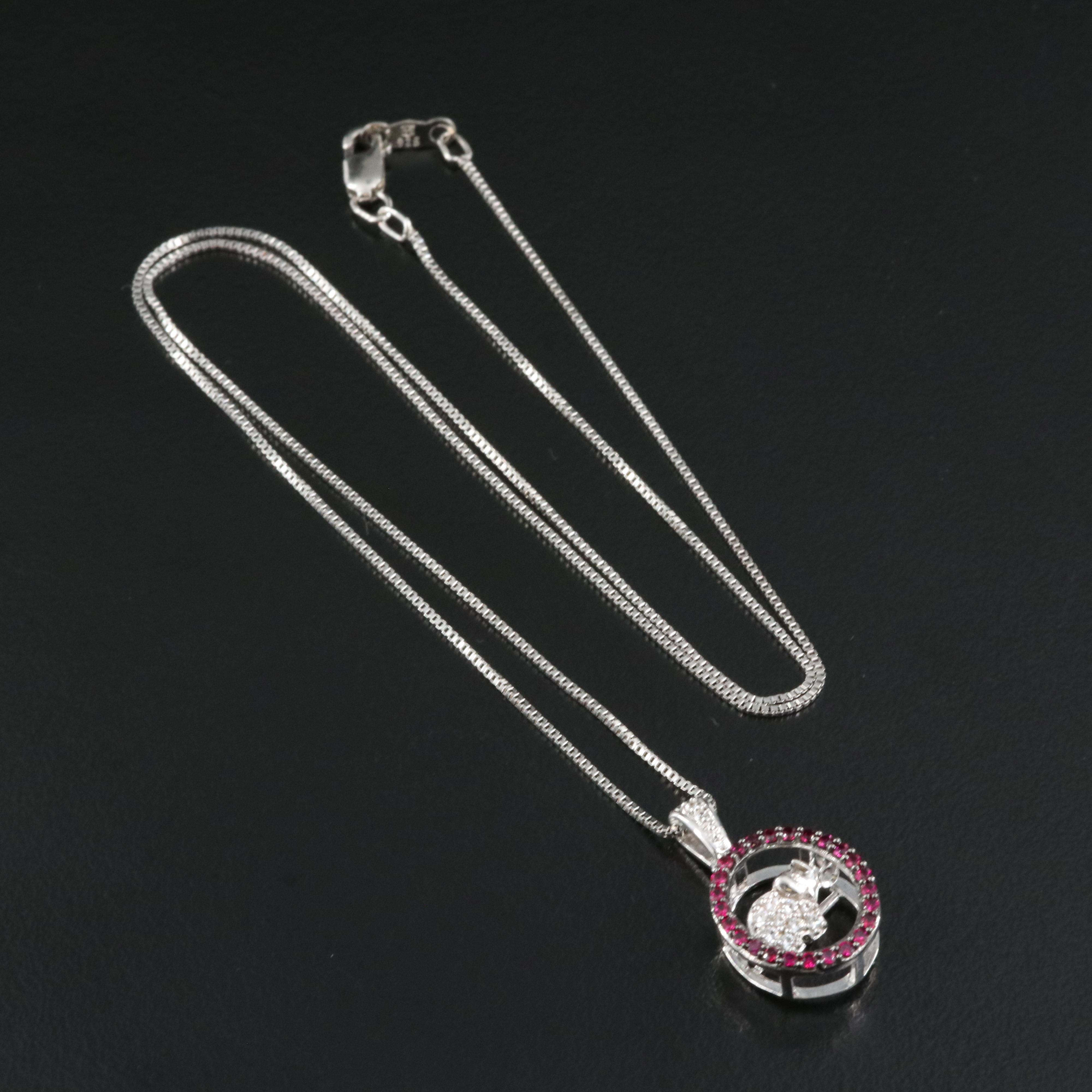 Sterling Ruby and Cubic Zirconia Elephant Tremble Pendant Necklace