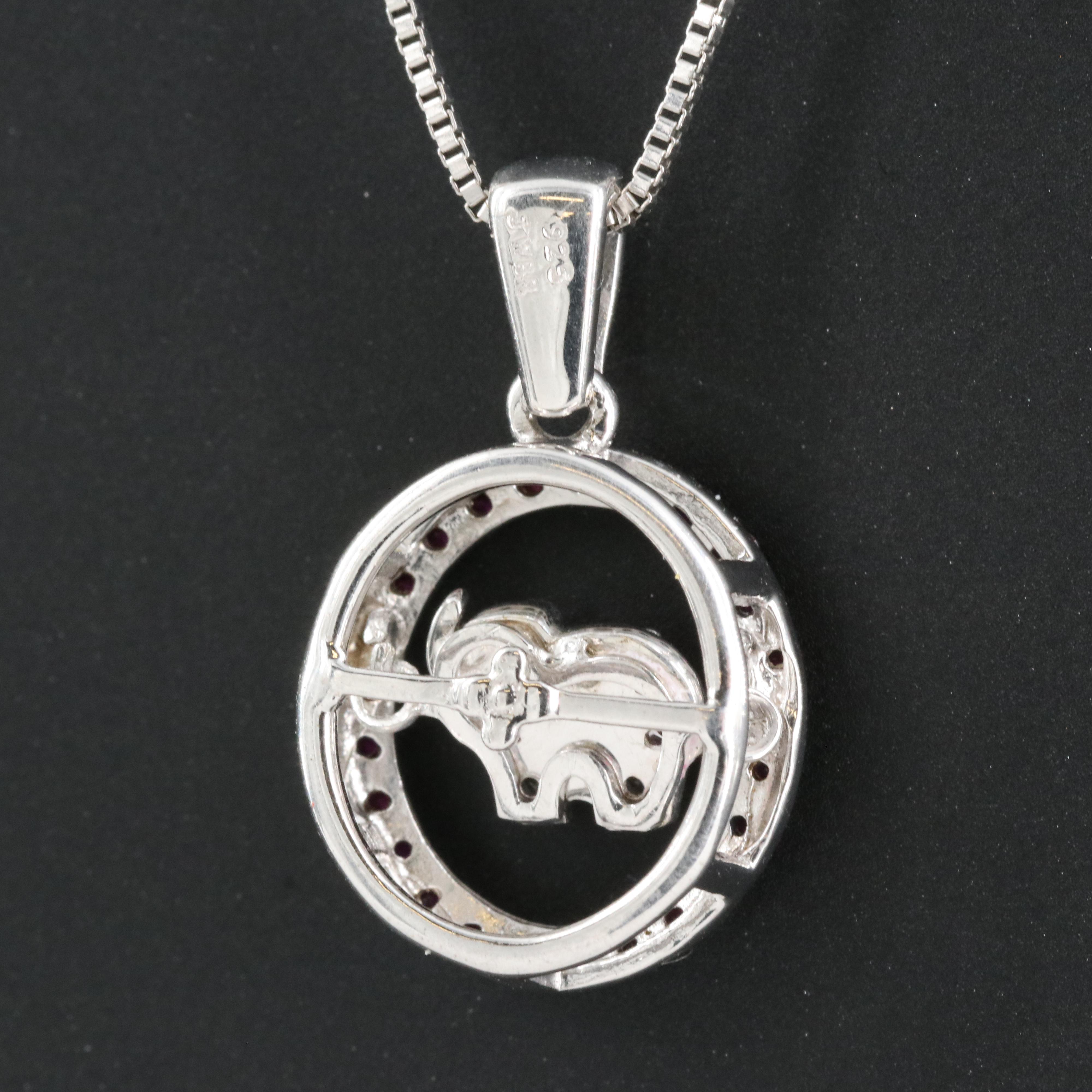 Sterling Ruby and Cubic Zirconia Elephant Tremble Pendant Necklace