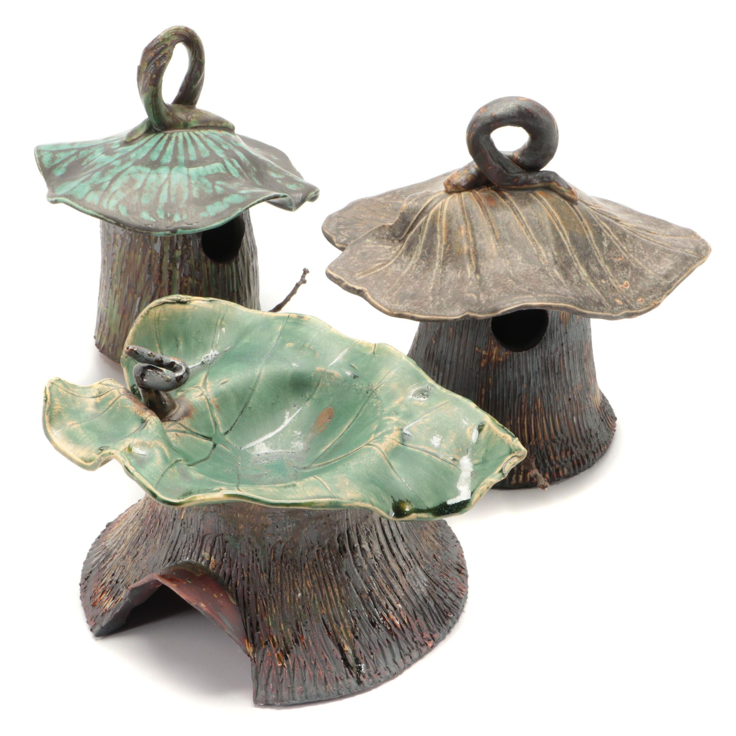 Susan Huff-Pleimann Pottery Hand-Built Stoneware Toad House and Bird Houses