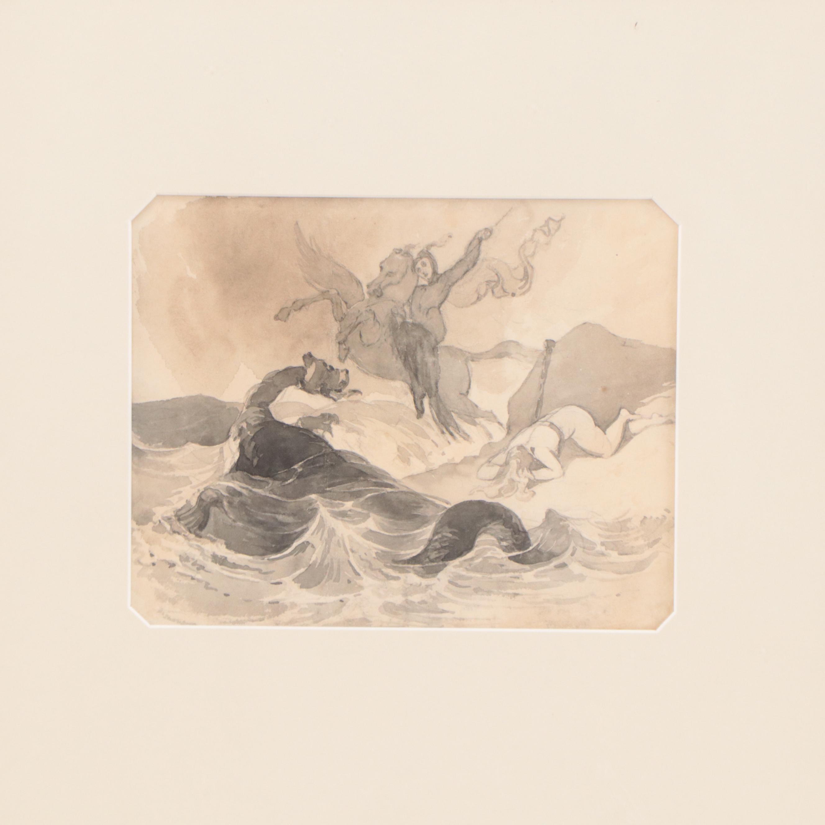 Thomas Sully Figural Ink and Wash Painting "St. George and the Dragon"