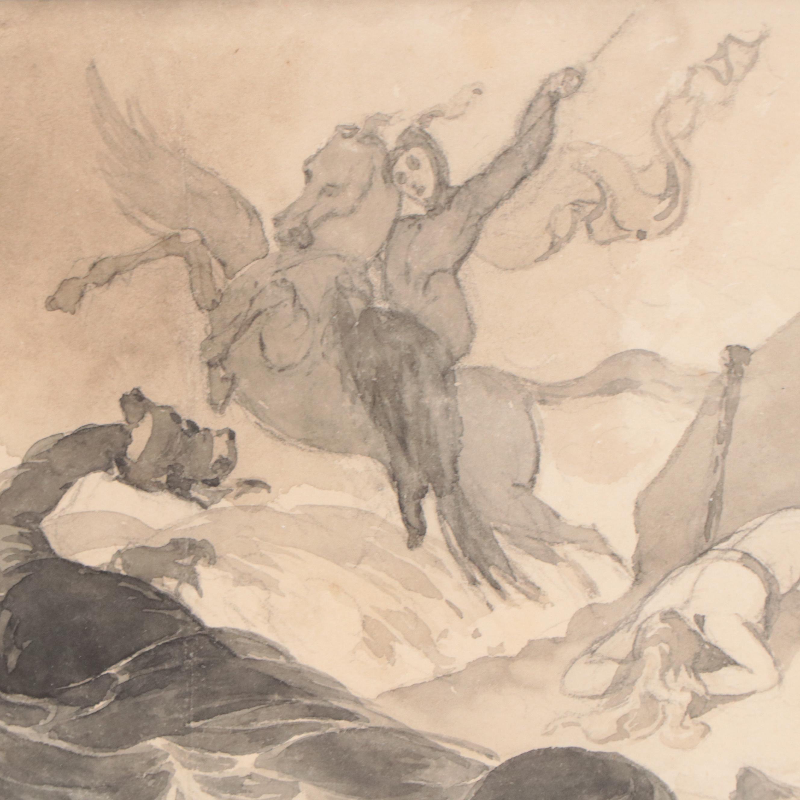 Thomas Sully Figural Ink and Wash Painting "St. George and the Dragon"