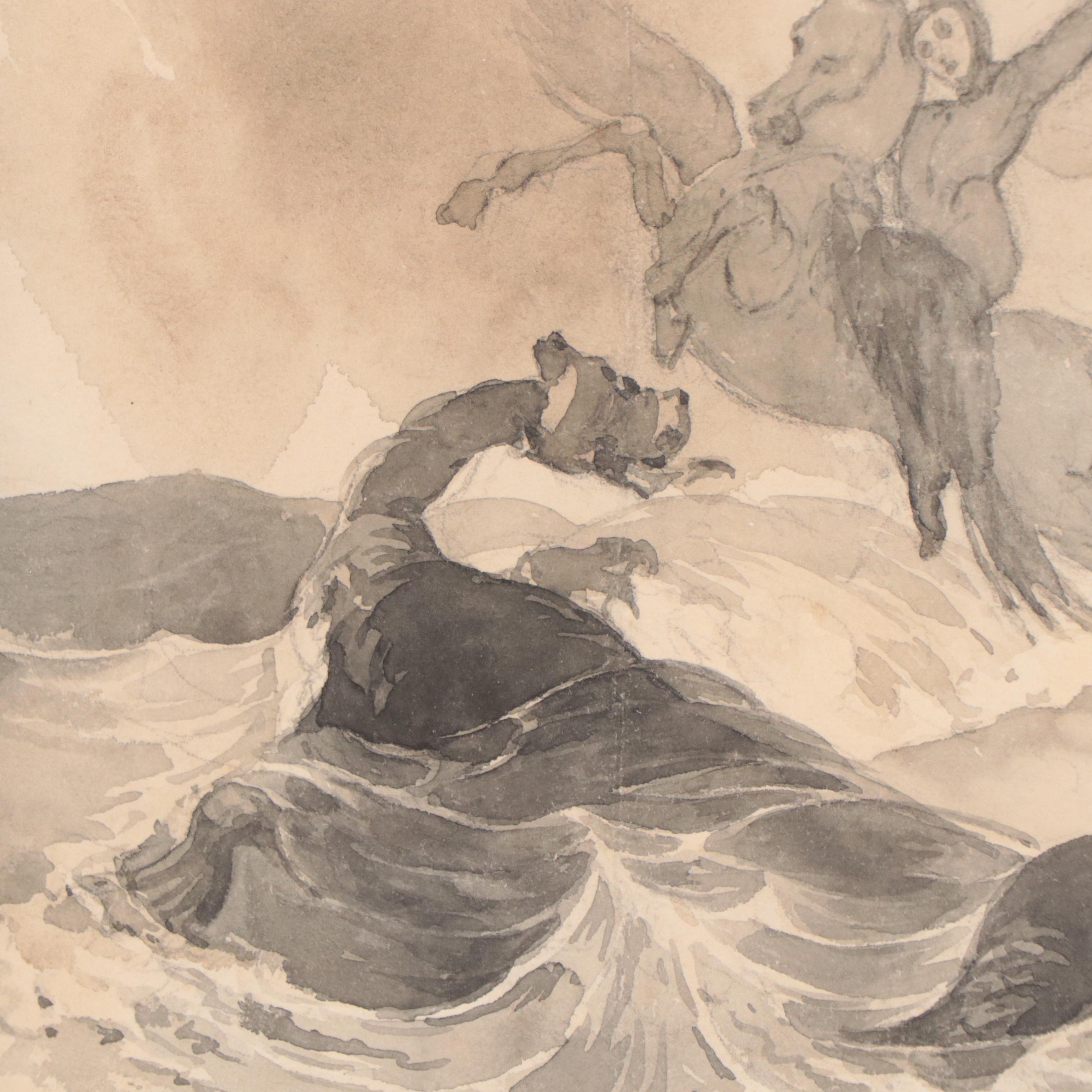 Thomas Sully Figural Ink and Wash Painting "St. George and the Dragon"