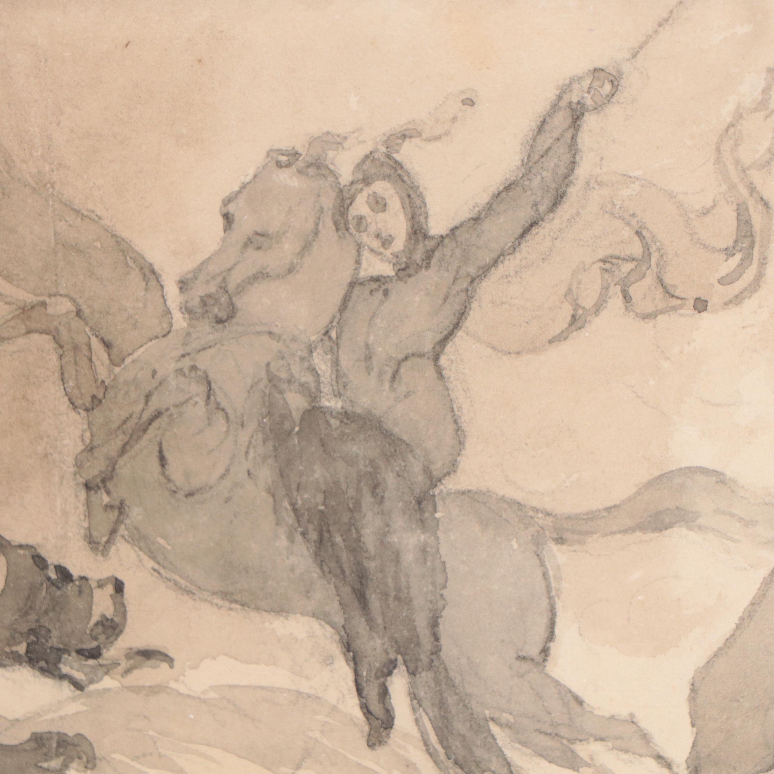 Thomas Sully Figural Ink and Wash Painting "St. George and the Dragon"