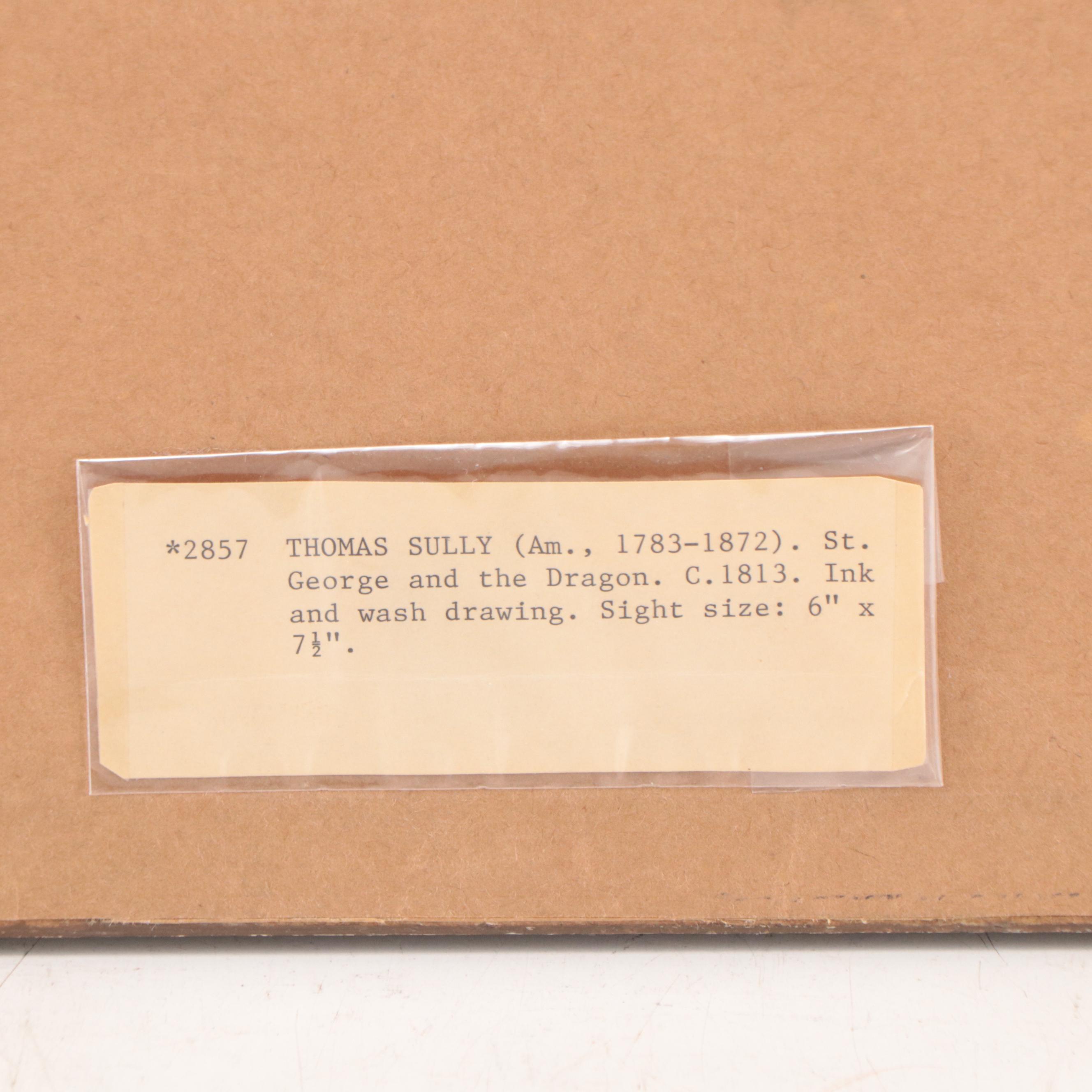 Thomas Sully Figural Ink and Wash Painting "St. George and the Dragon"