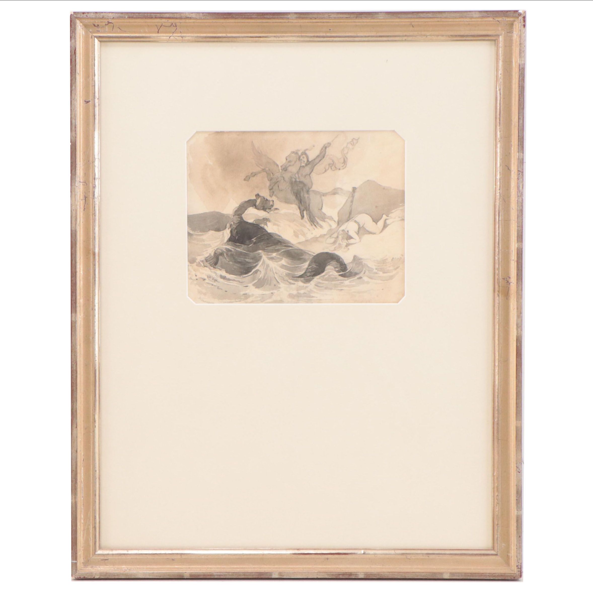 Thomas Sully Figural Ink and Wash Painting "St. George and the Dragon"