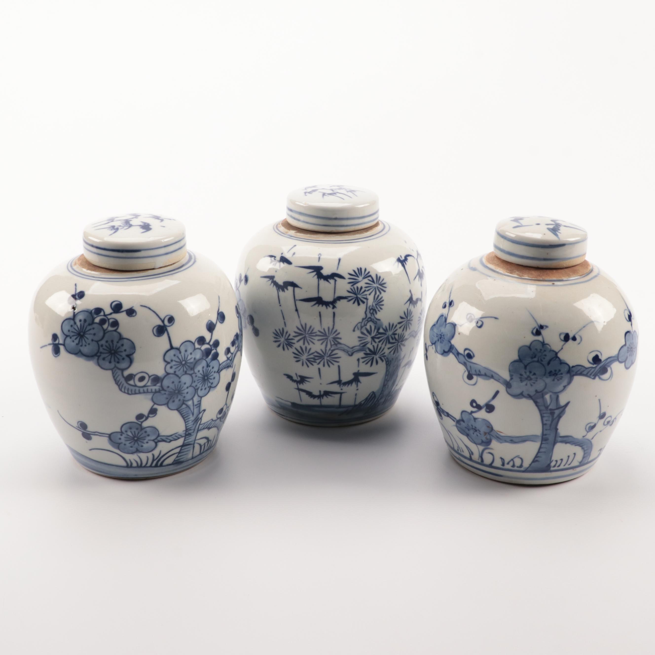 Japanese Blue and White Porcelain Ginger Jars With Trays