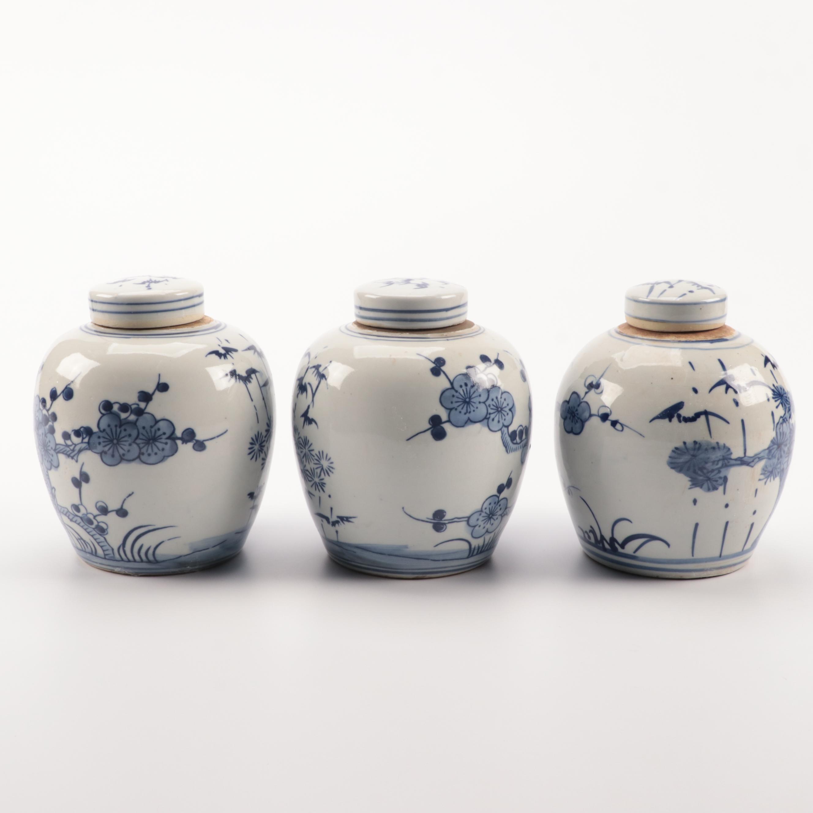 Japanese Blue and White Porcelain Ginger Jars With Trays