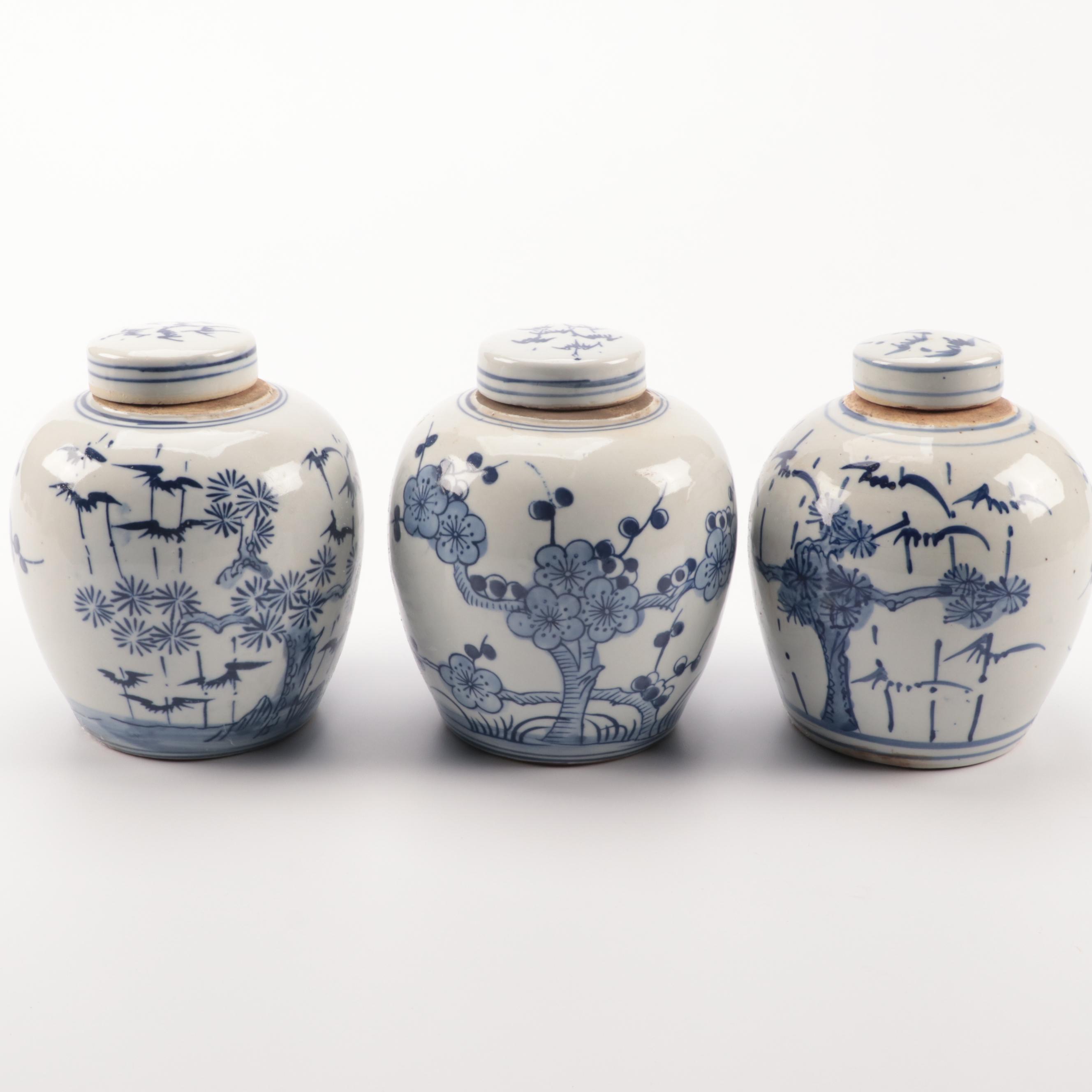Japanese Blue and White Porcelain Ginger Jars With Trays