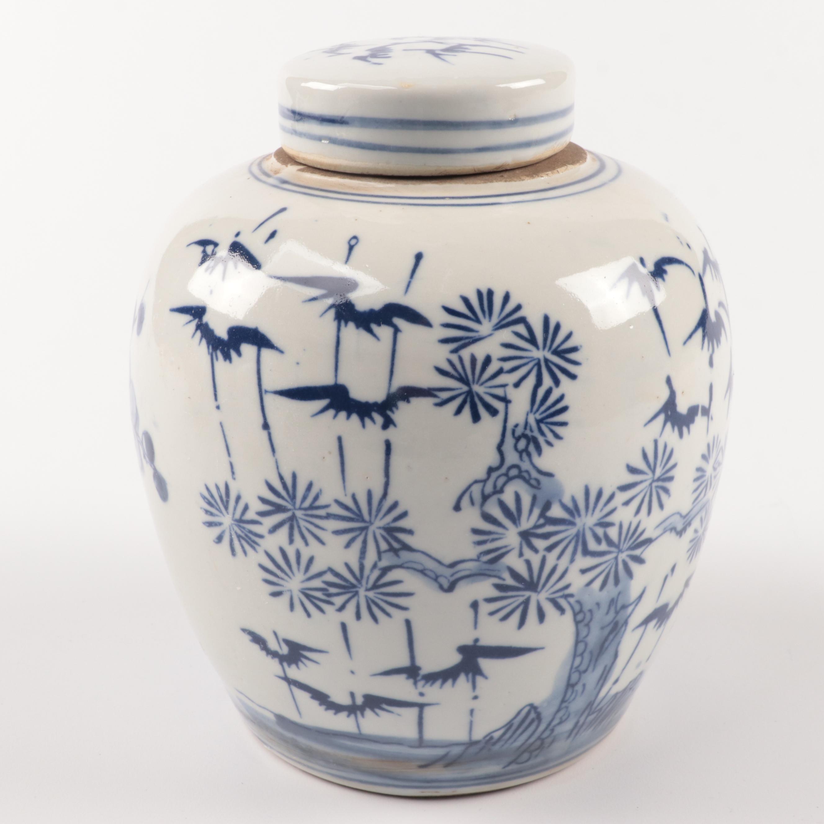 Japanese Blue and White Porcelain Ginger Jars With Trays