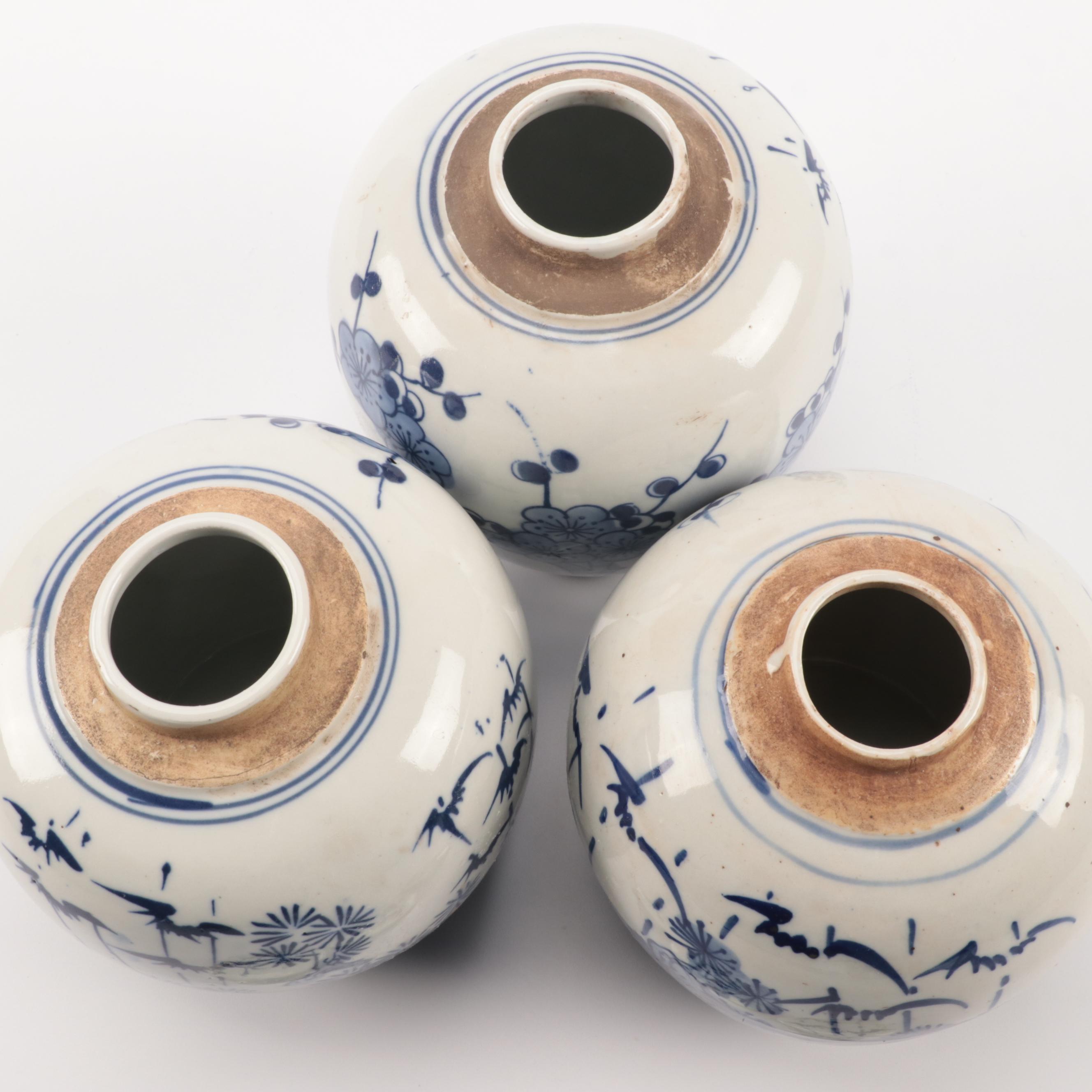 Japanese Blue and White Porcelain Ginger Jars With Trays