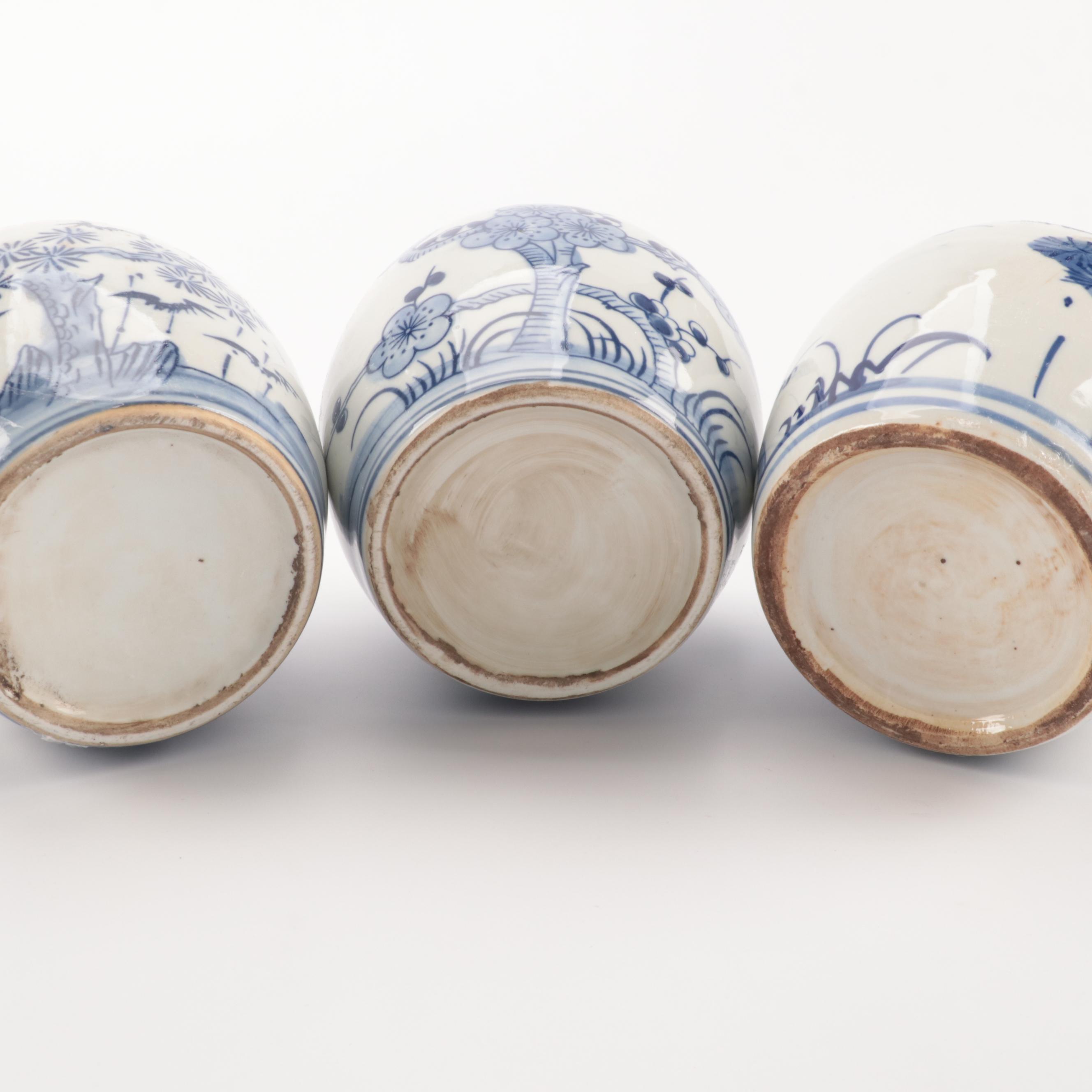 Japanese Blue and White Porcelain Ginger Jars With Trays