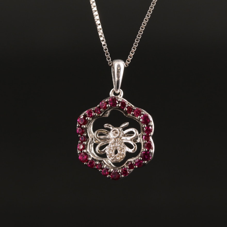 Sterling Ruby and Sapphire Bee Trembler Necklace