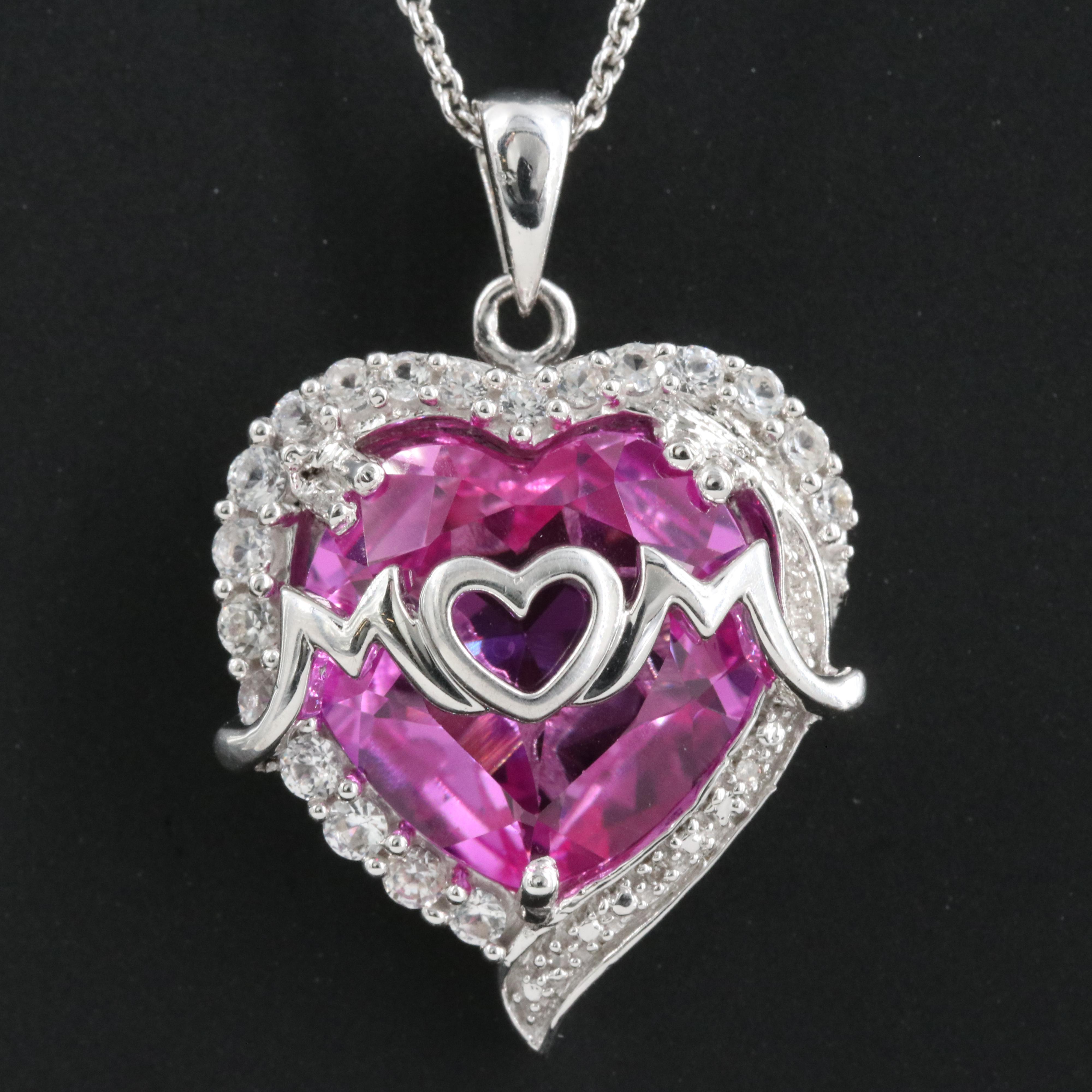 Sterling Sapphire and Diamond "Mom" Heart Pendant Necklace