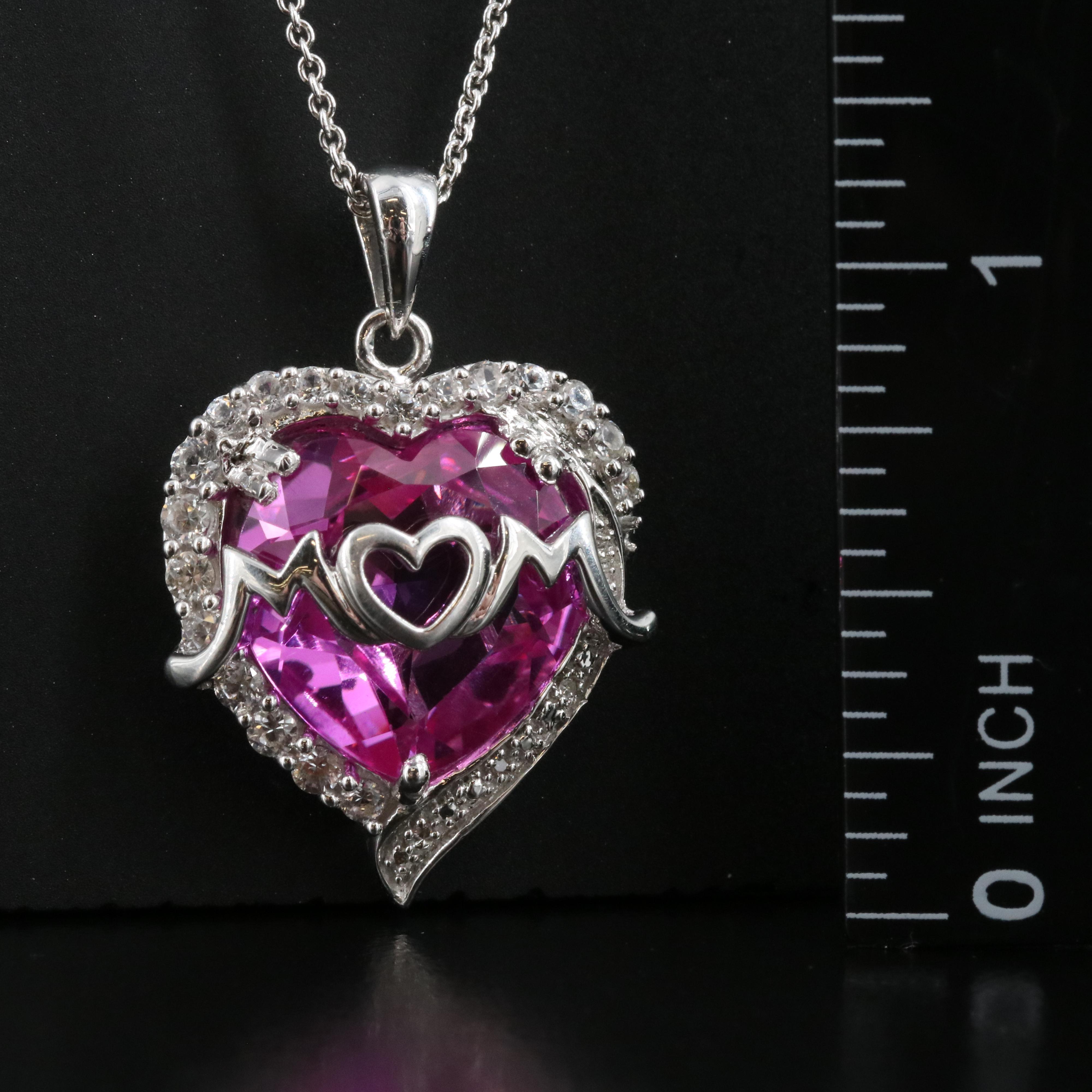 Sterling Sapphire and Diamond "Mom" Heart Pendant Necklace